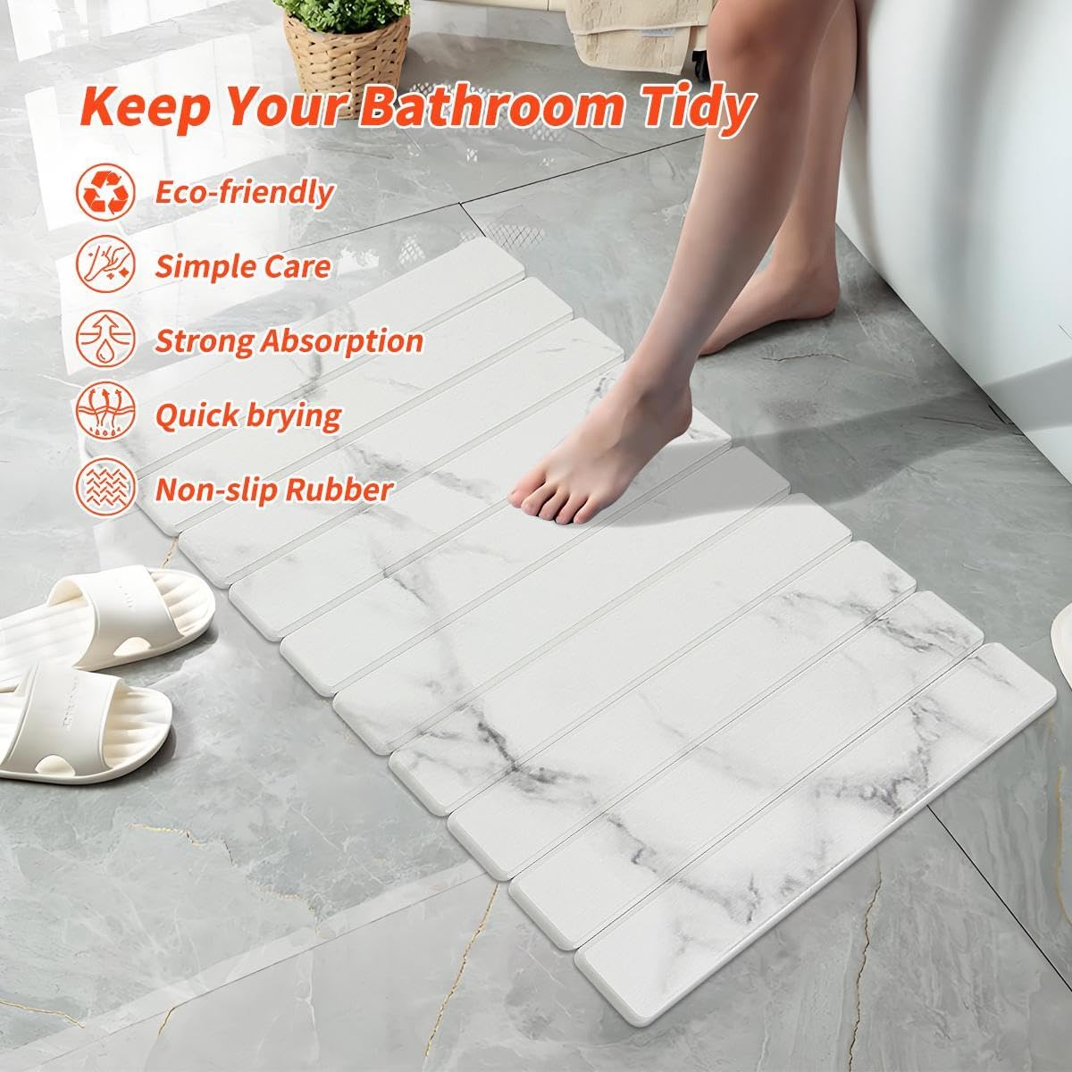 AQUASTON Stone Bath Mat Foldable Super Absorbent Diatomaceous Earth Quick Dry Mat for Bathroom, Non-Slip Floor Mat, Easy to Clean, Compact & Portable, 23.6" x 15.5", White