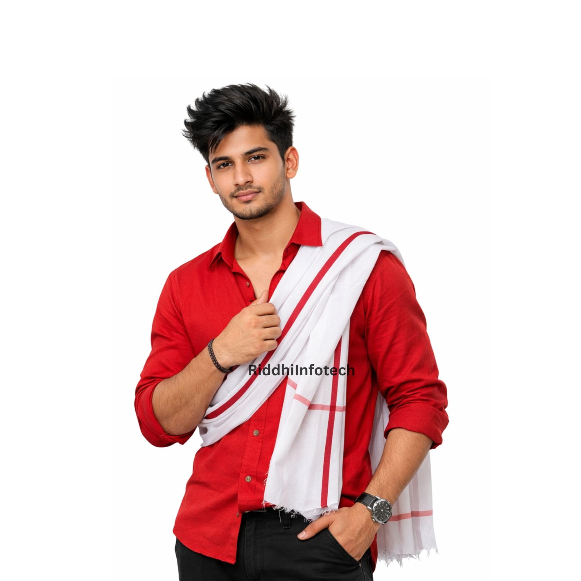 RiddhiInfotech Men's Traditional White Cotton Angochha/Gamcha | Pure Cotton Indian Gamcha Towel | Multipurpose Desi Head Scarf, Shoulder Cloth & Bath Towel for Pooja, Travel & Daily Use | 1PC-image-37