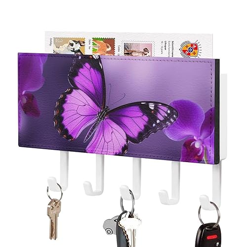Purple Butterfly Key Holder with 5 Hooks, Space-Saving Leather Keys