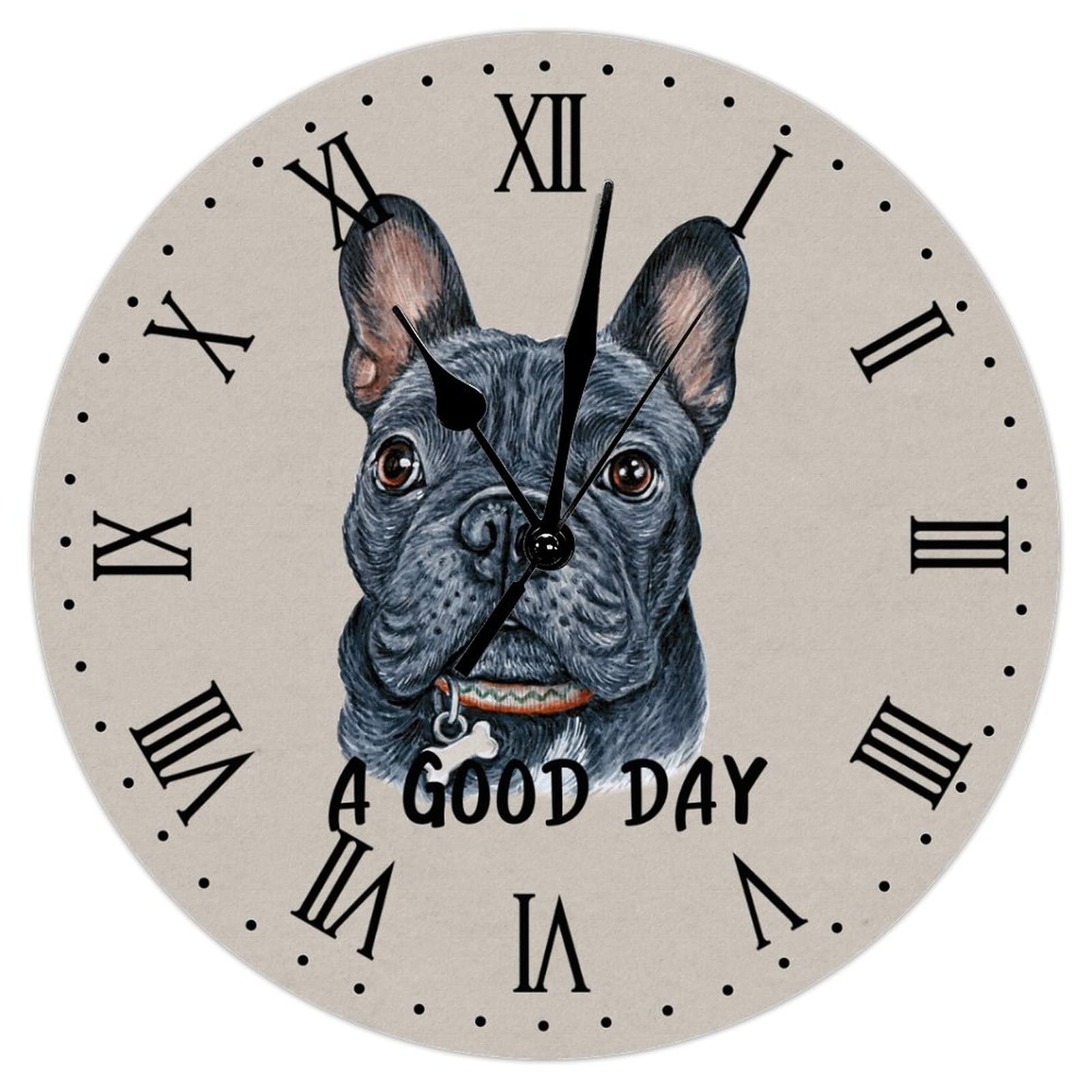 Byron Hoyle Watercolor French Bulldog Wall Clock A Good Day Dog Decor French Bulldog Dog Mom Dad 12 Inch Wooden Wall Clocks Battery Operated Silent Farmhouse Wall Decor For Kitchen Bedroom Living Room Classroom