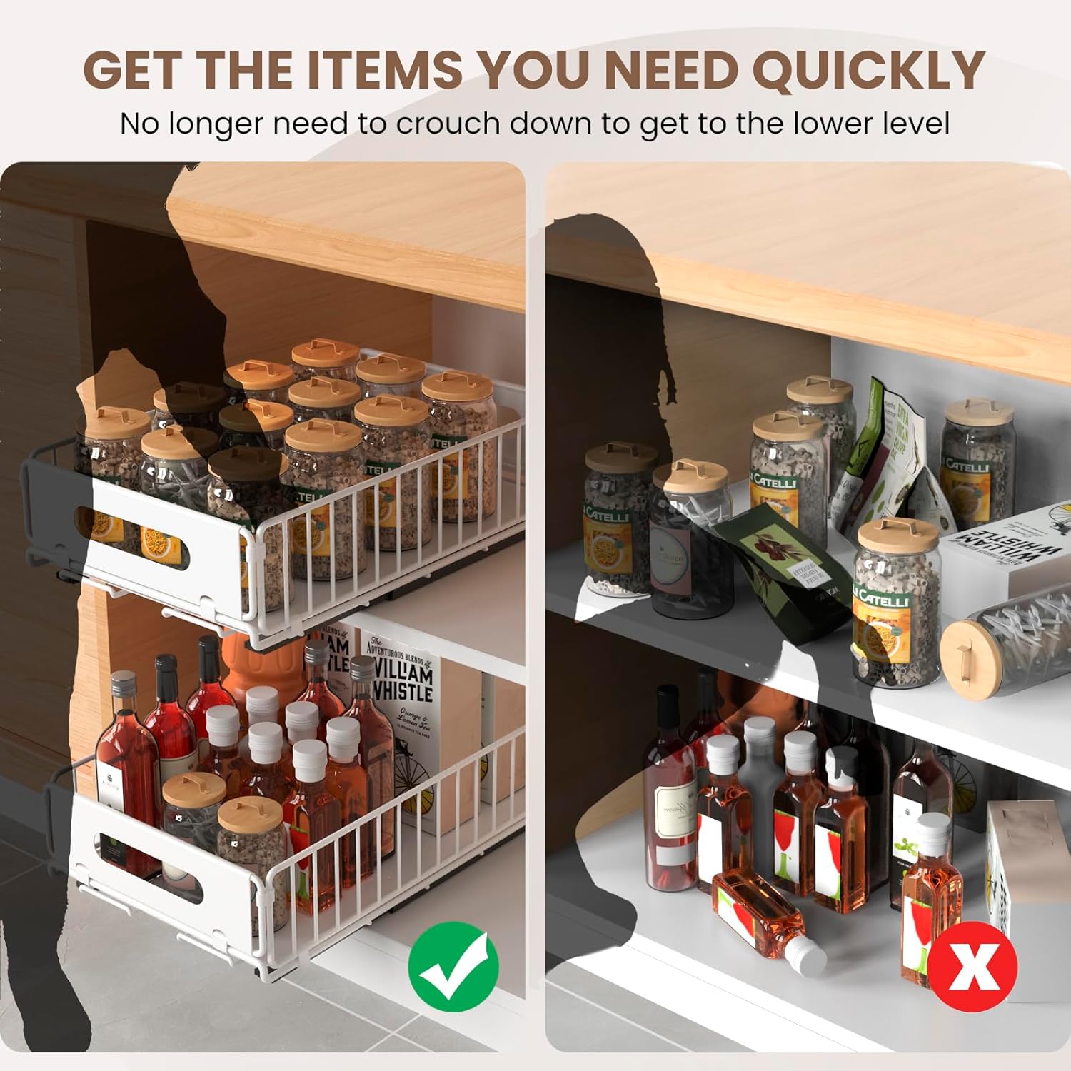 Pull Out Cabinet Organizer, 2 Pack Heavy Duty Slide Out Drawers Pantry Shelves Fixed With Strong Adhesive Glue and Handle for Kitchen, Living Room, Bathroom, Home (14.8" D X 9.6" W X 3.9" H)