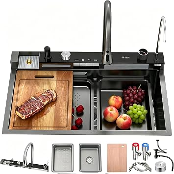 Waterfall Kitchen Sink, 85 x 50 cm, 1 Basin, Stainless Steel Sink, Kitchen, Modern Large Black Anthracite Sink, Kitchen Sink with Tap, Siphon Drain and Overflow Set