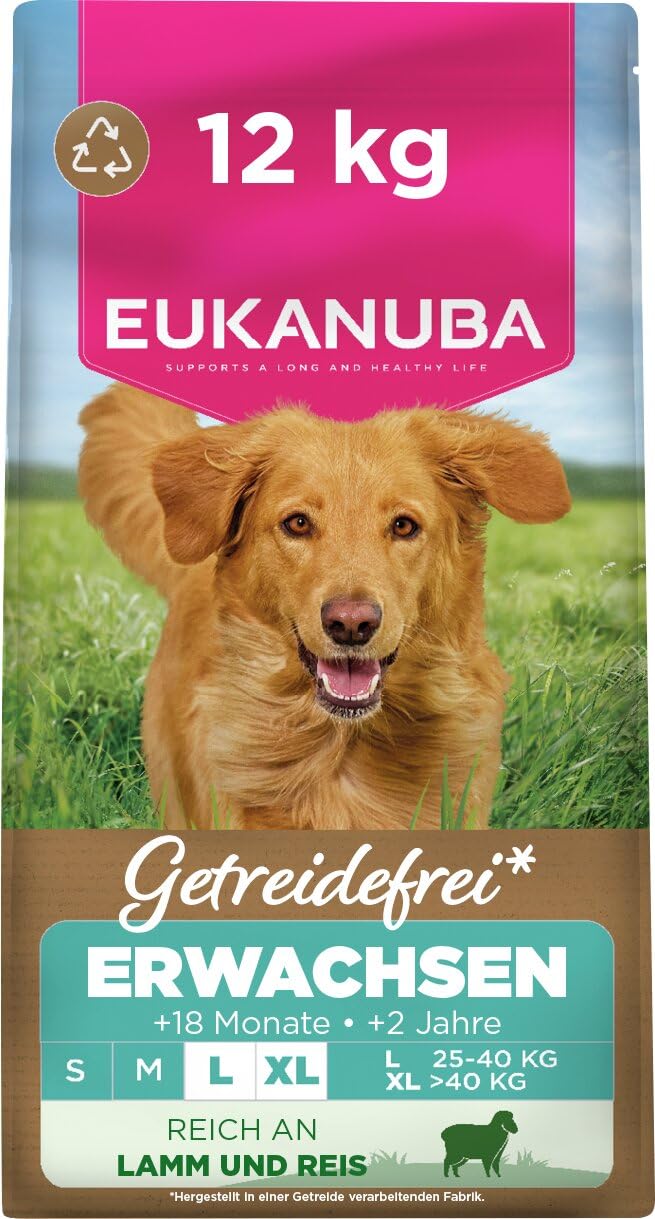 Eukanuba Hundefutter getreidefrei mit Lamm für große Rassen, Premium Trockenfutter ohne Getreide für ausgewachsene Hunde, 12 kg