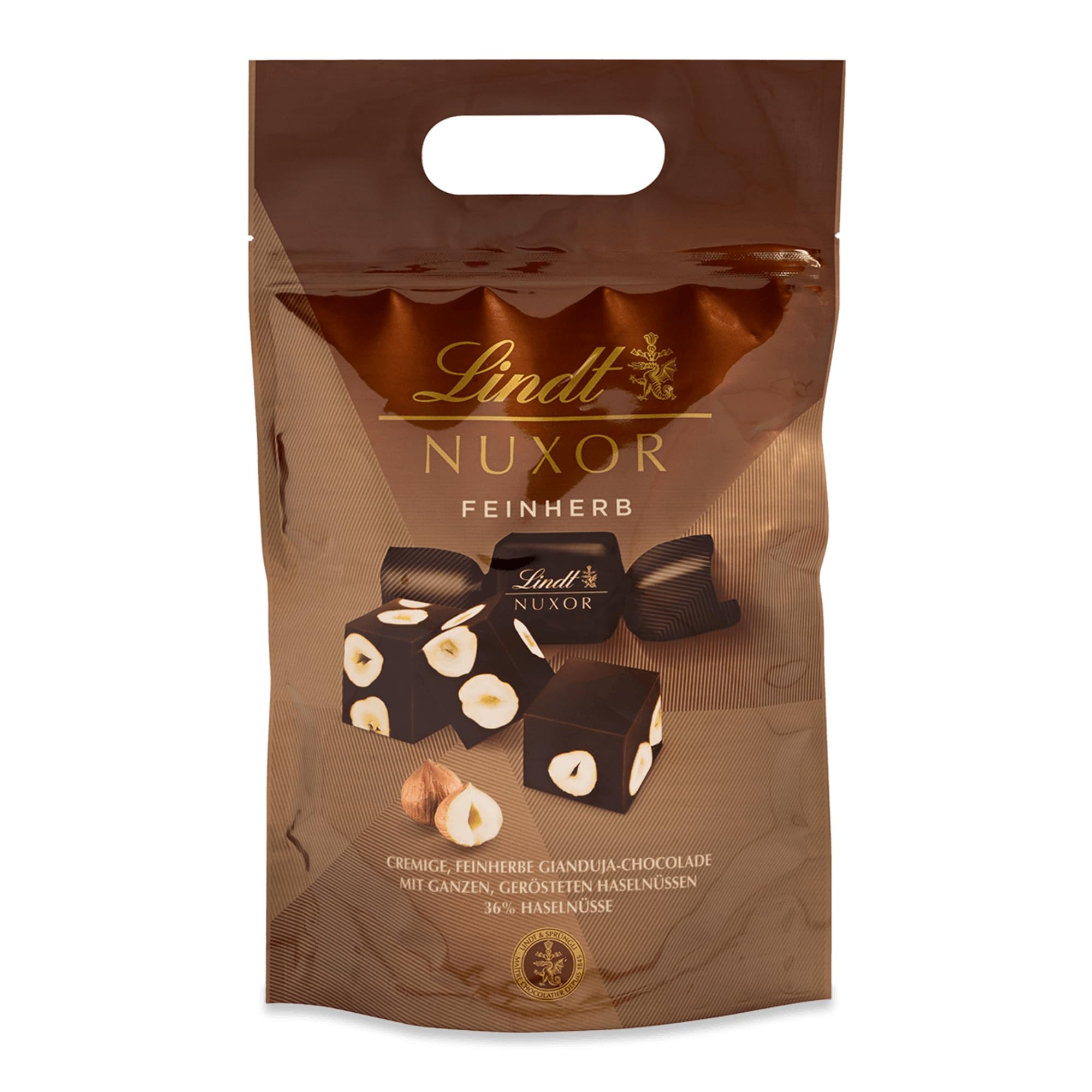 Lindt Schokolade | NUXOR Beutel XXL Feinherb | 700g | Cremige Gianduja Würfel in Zartbitter-Schokolade mit ganzen, gerösteten Haselnüssen | Schokoladen-Geschenk