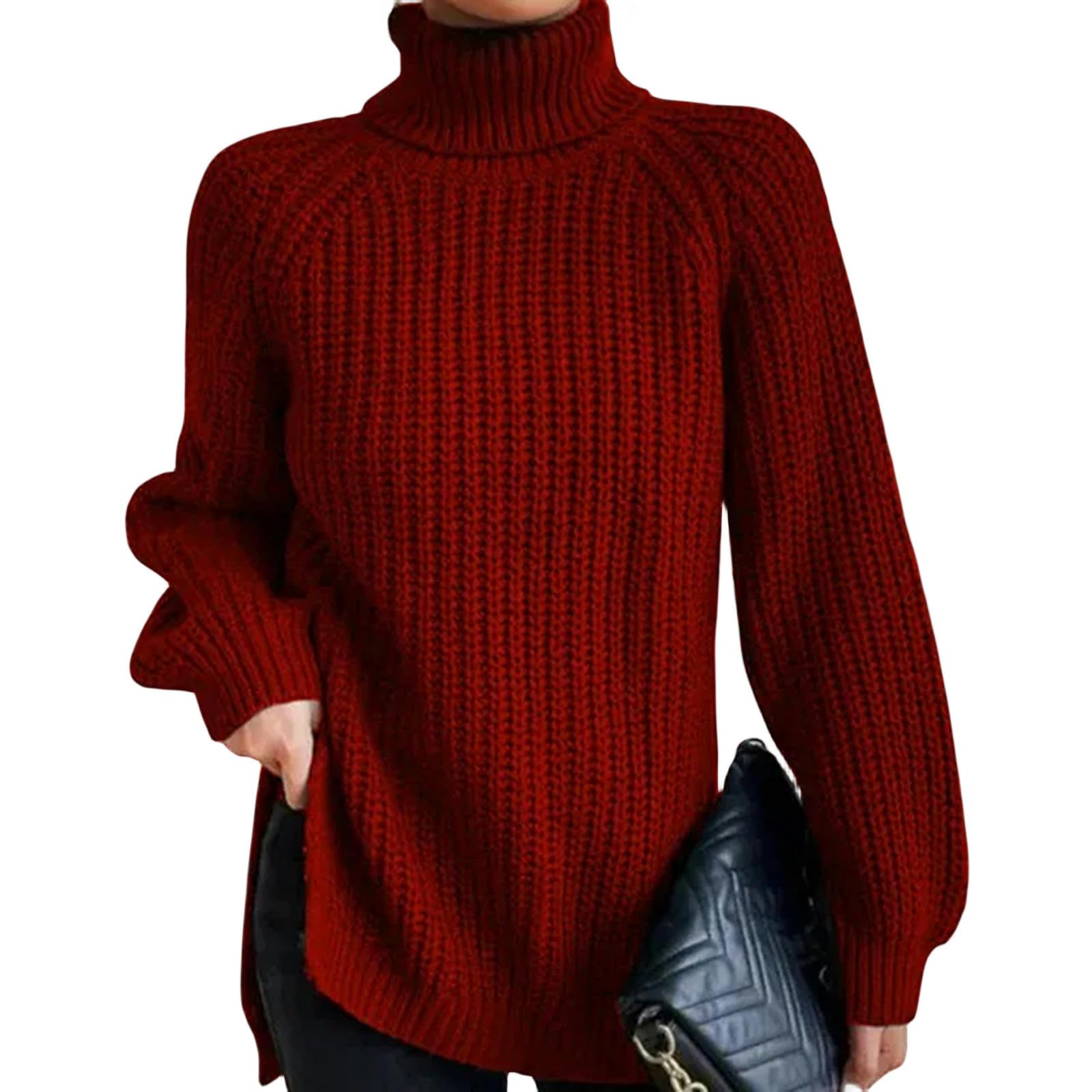 TEidea Swetry damskie Swetry damskie: golf wąski sweter z dzianiny dla kobiet, słodkie swetry damskie sweter z dzianiny, czerwony (wine red), M