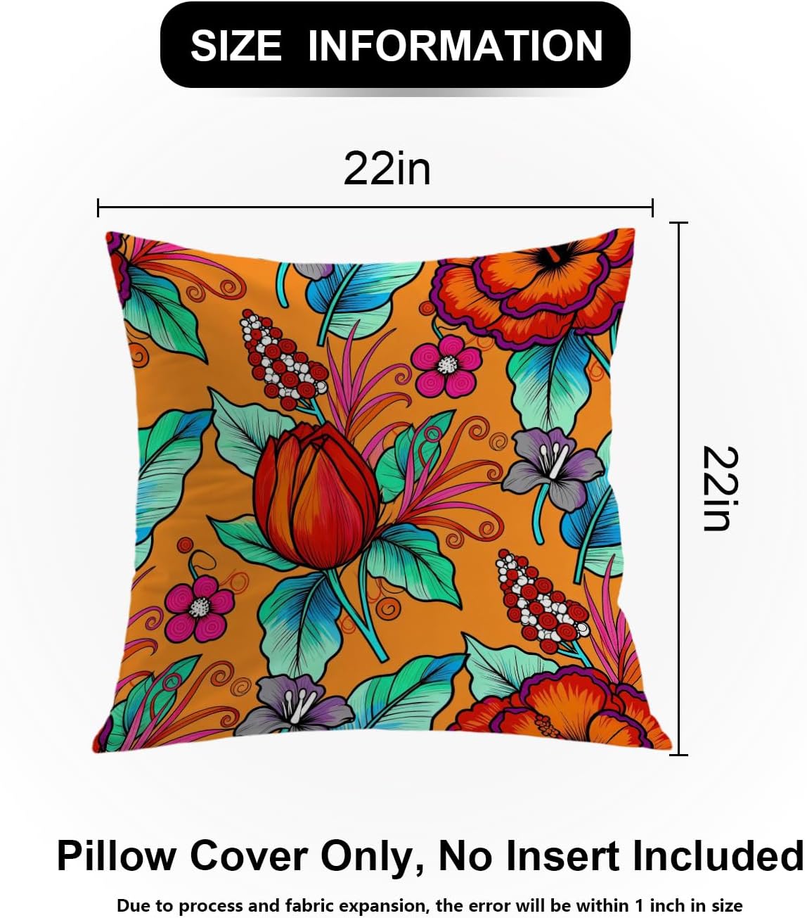 Shrahala Colorful Floral Decorative Pillow Covers,Colorful Flowers Pattern Floral Ethnic Indian Asian Cushion Case Sofa Bedroom Car Throw Pillow Covers Square 22 x 22 inches Red Orange, Set of 2