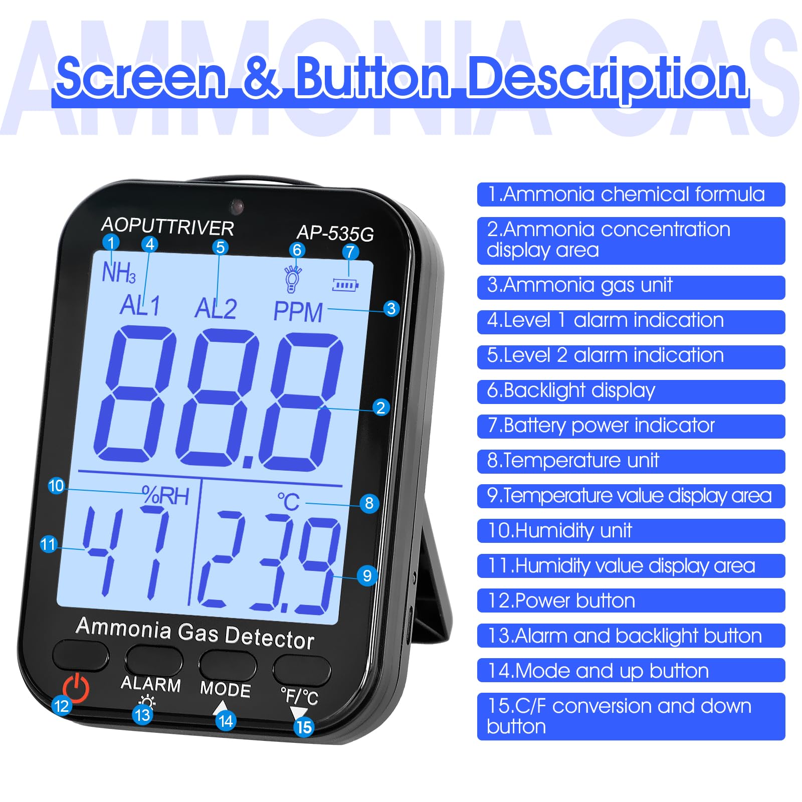 Detector de Gas Amoníaco 535G, Monitor de Gas NH3 Rango del Sensor 0-100ppm Medidor de Amoníaco Recargable con Alarma, Temperatura(℉/℃), Humedad, Pantalla LCD Retroiluminada
