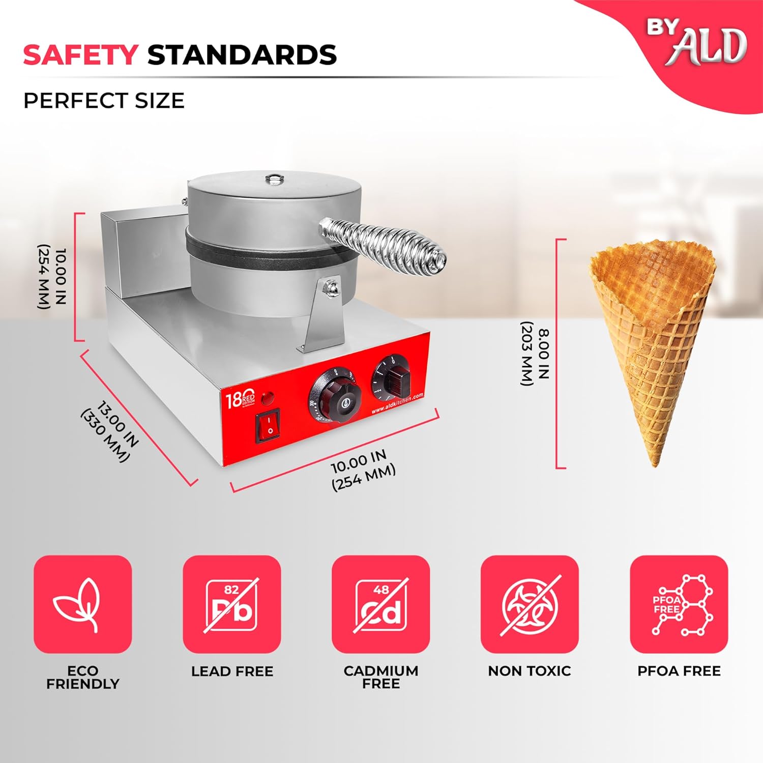 ALDKitchen Commercial Waffle Cone Maker - Stainless Steel Ice Cream Cone Machine, 1-Head 1000W Nonstick, Adjustable Temp & Timer - Includes Cone Roller & Free Vanilla Mix (SINGLE)