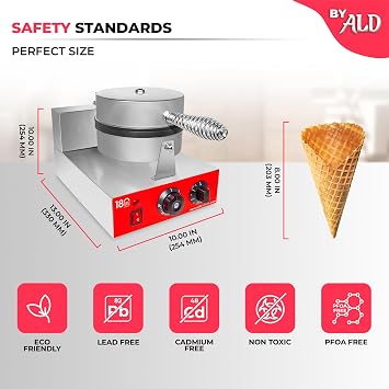 ALDKitchen Commercial Waffle Cone Maker - Stainless Steel Ice Cream Cone Machine, 1-Head 1000W Nonstick, Adjustable Temp & Timer - Includes Cone Roller & Free Vanilla Mix