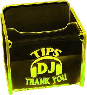 LED Glowing Tip Jar- DJ Headphone Design -LED Tip Box™ - Tip Jar for DJ -Dual Powered: 9 Volt Battery or 12 Volt AC Adapter-No USB Needed - 100% Premium Clear Acrylic - Made in USA! (Yellow)