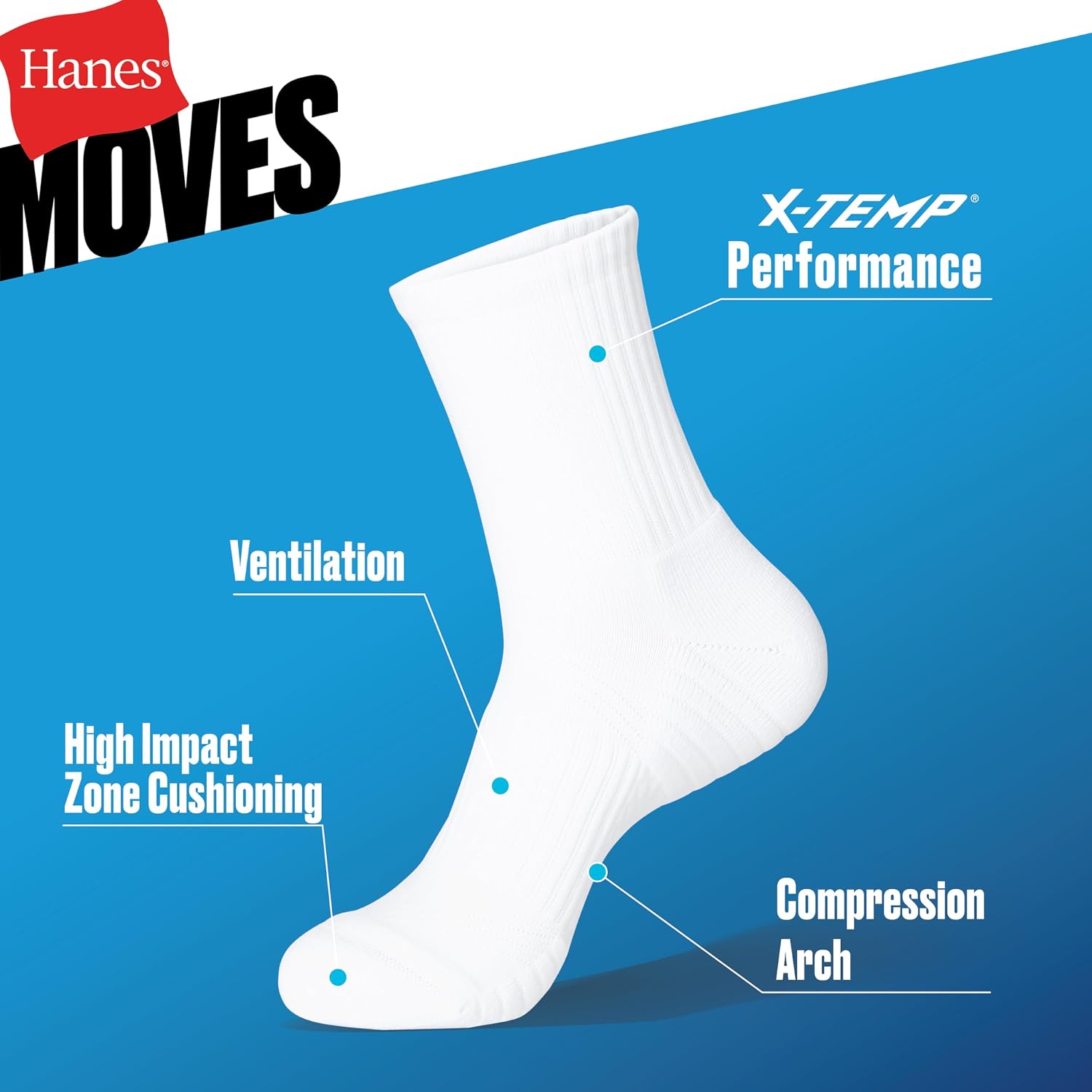 Hanes Men's Moves Socks, Impact Zone Moisture-Wicking Socks, 4-pack, (Ankle, Mid Crew, Heel Shield)