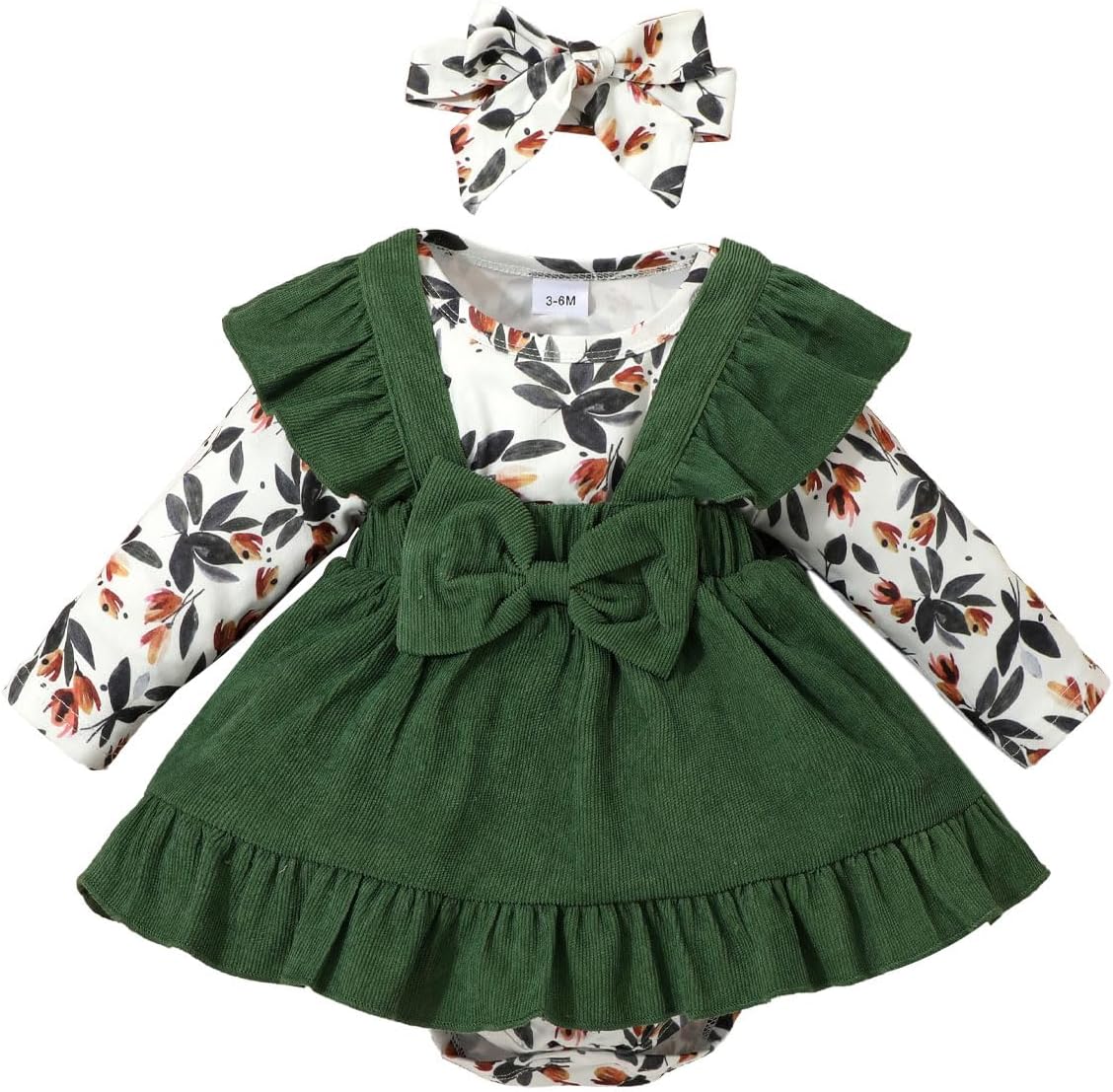 – Infant Newborn Baby Girl Romper Clothes Outfits Autumn, Long Sleeve Floral Bodysuit Tops with Corduroy Suspender Bowknot Skirt + Headband 3 Pcs Sets, for Toddler 3-24 Months, Green