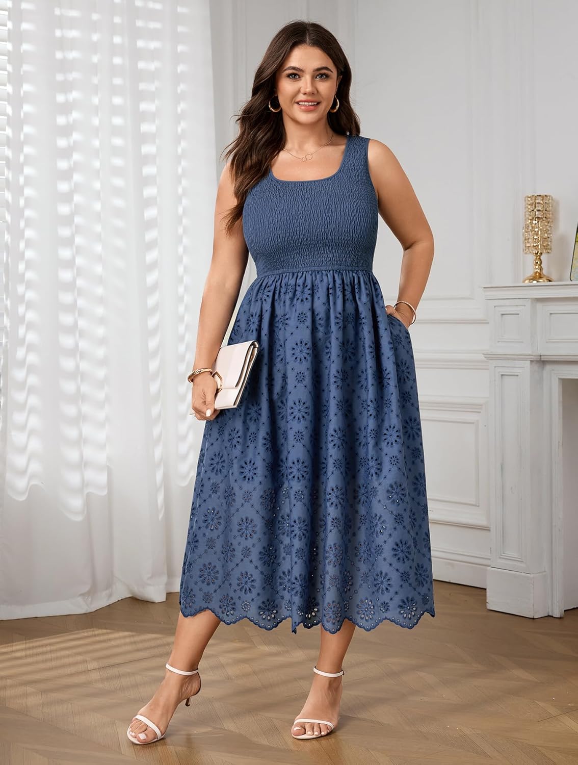SHESTARR Plus Size Sundress Women Smocked Eyelet Sleeveless Maxi Dress Summer Casual Boho A-Line Beach Dresses with Pockets