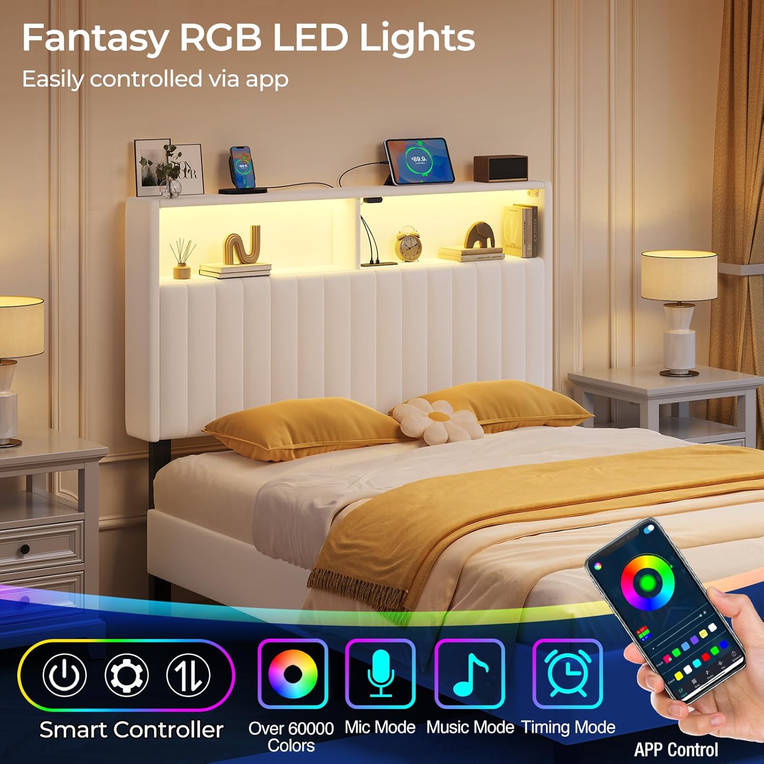 Rolanstar Headboard for Twin Size Bed with Storage, Head Board with USB & Type C Port, 60,000 DIY Color of LED Light, Velvet Upholstered, Height Adjustable, Sturdy, Easy Assembly, White