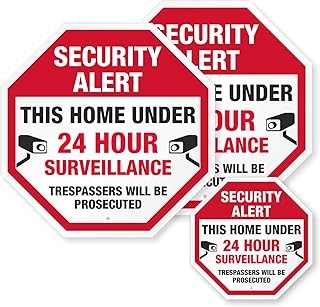 SmartSign “Security Alert - This Home Under 24 Hour Surveillance, Trespassers Will Be Prosecuted†EG Reflective Adhesive Labels, Red, Black and White, Set of 3 (2-4 x 4 inch, 1-2.75 x 2.75 inch)