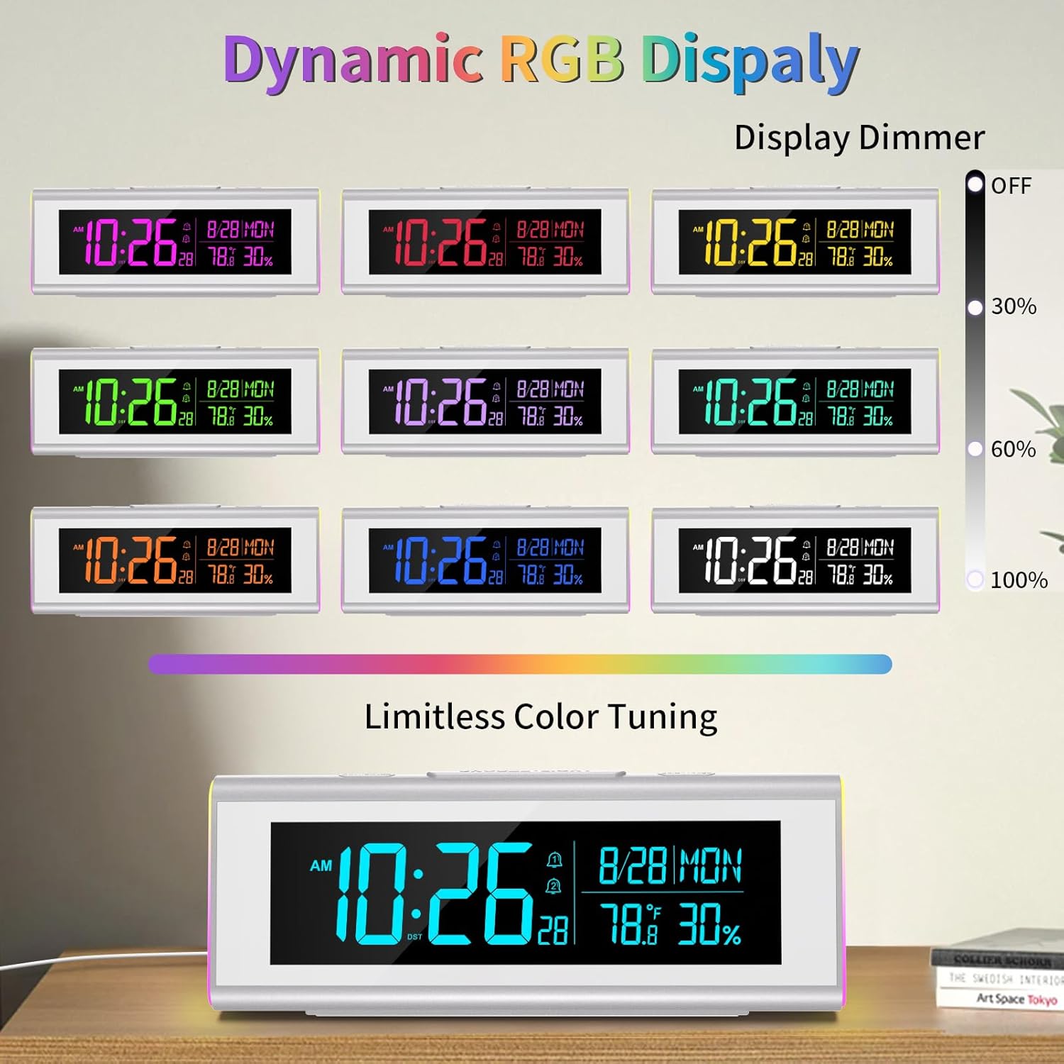 Alarm Clocks for Bedrooms, LED Desk Clock with RGB Night Light, Brightness Dimmer, Date, Week, Temperature Large Display, Modern Decor for Desk, Office, Gift for Kids, Teen, Adults (Silver)