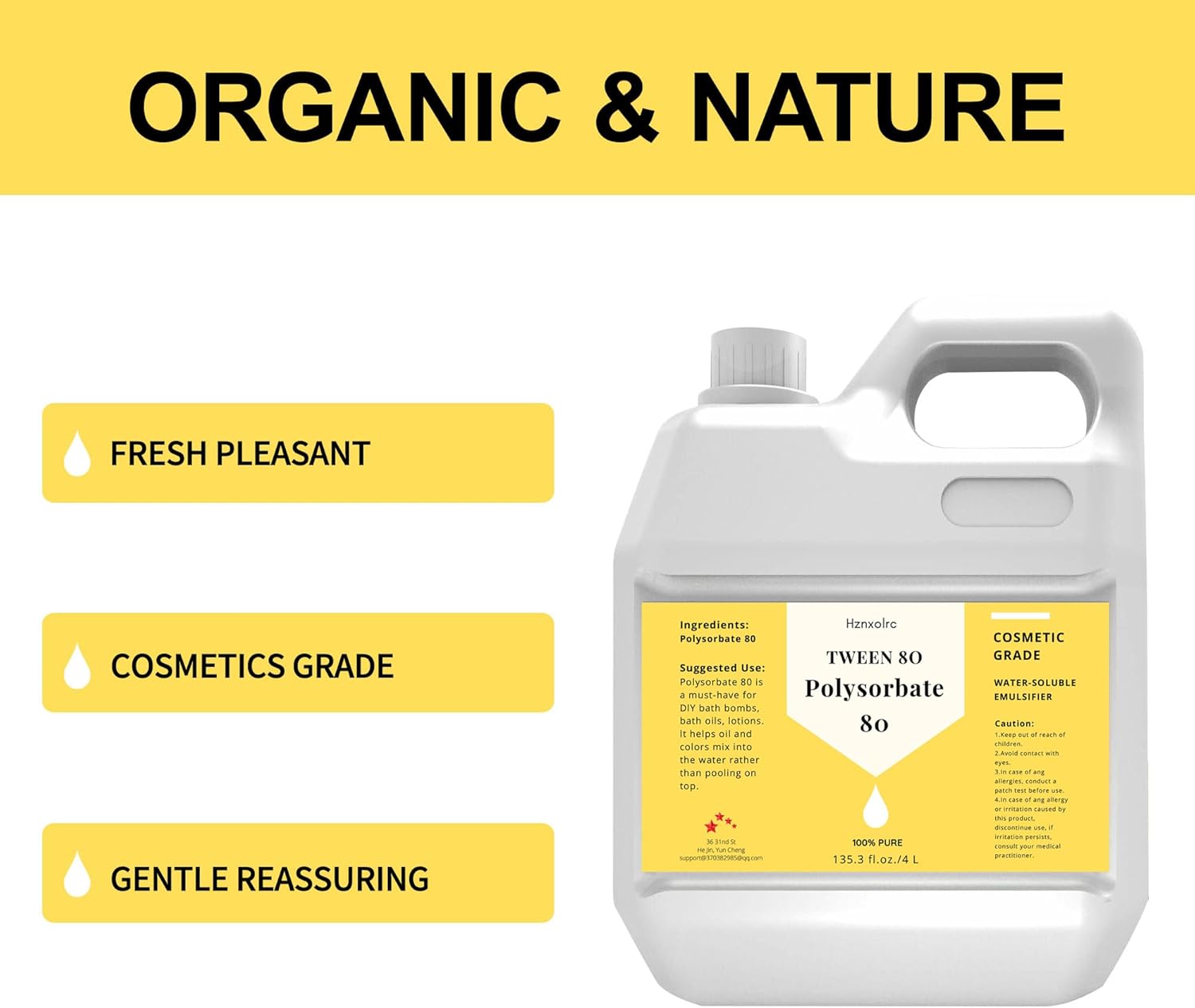 135 FL Oz Polysorbate 80 for Bath Bombs, Premium Polysorbate 80 (Sorbitan Oleate) Liquid, 100% Pure, Cosmetics Grade, Gentle on Skin, Suitable for Making Lotions, Shampoos, Body Washes and More