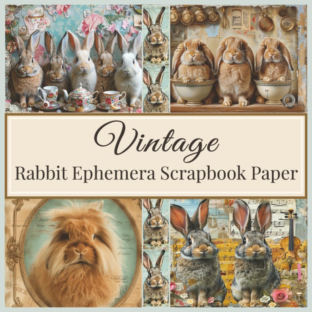 Vintage Rabbit Ephemera Scrapbook Paper: Collage Pages for Junk Journals, Cards, Journaling & Crafts • 36 Unique Designs • 72 Pages Total