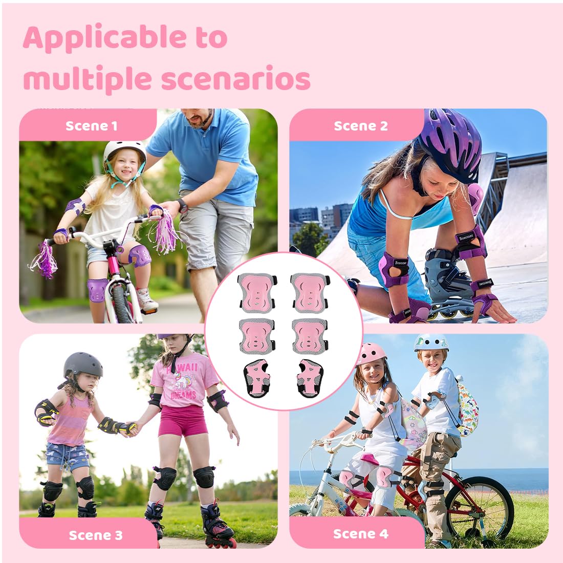 Ginocchiere per bambini, 6 in 1, per ragazzi e ragazze, set di protezioni per il polso per bambini di per pattinaggio, ciclismo e skateboard