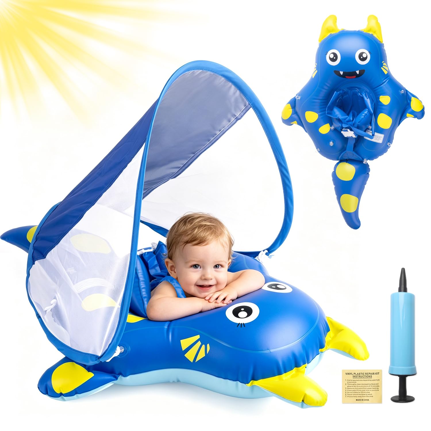 YYSWSAKY Schwimmring Baby mit Abnehmbarem Sonnendach, Baby Schwimmhilfe mit UPF50+ UV-Schutz, Aufblasbarer Schwimmring, Schwimmreifen Lustiges Wasserspielzeug für ab 10-36 Monate