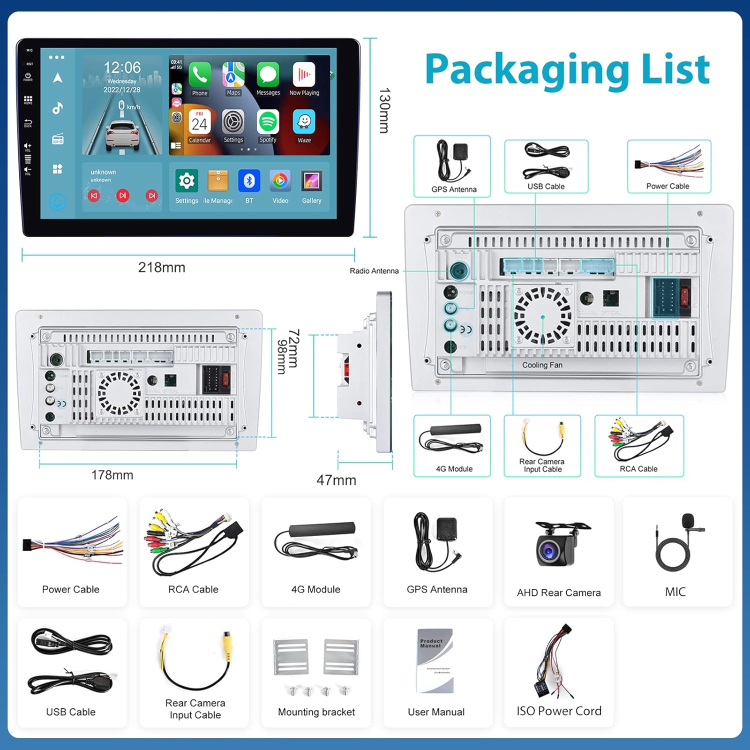 Image showing the Hodozzy car stereo unit and all included accessories: GPS antenna, USB cable, power cable, RCA cable, 4G module, AHD rear camera, microphone, mounting brackets, user manual, and ISO power cord.