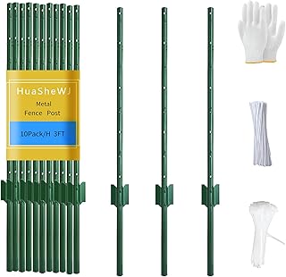 Metal Fence Post 3 Feet Green, Pack of 10, T Post for Wire Fence, No Dig Steel U Posts Fencing for Lawn Garden Wire Mesh Fences Poles Sign Outdoor