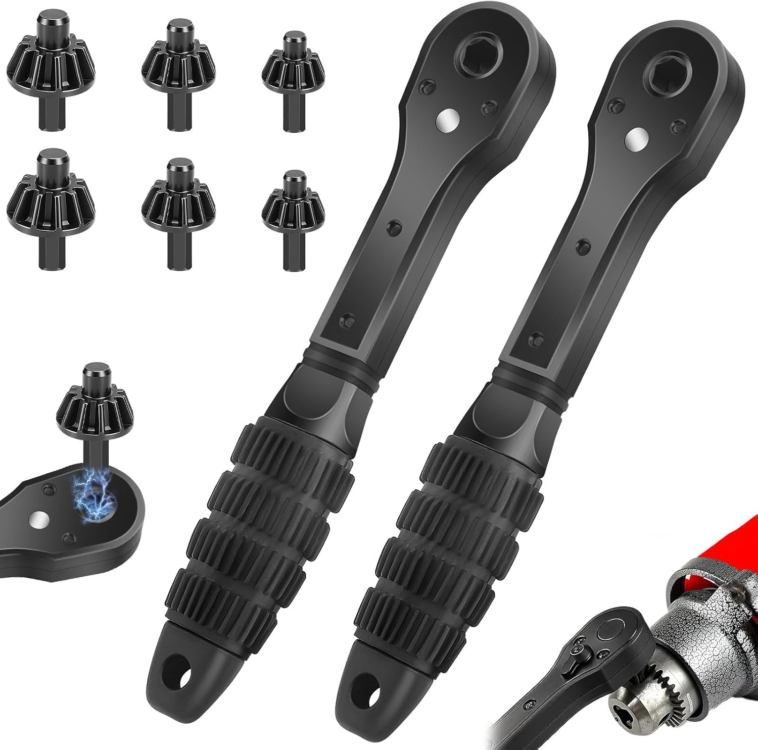 SUNJOYCO 2 In 1 Drill Chuck Ratchet Spanner, 2 PCS Ratchet Drill Chuck Key Wrench Replacement Tools with 6 Strong Magnetic Heads