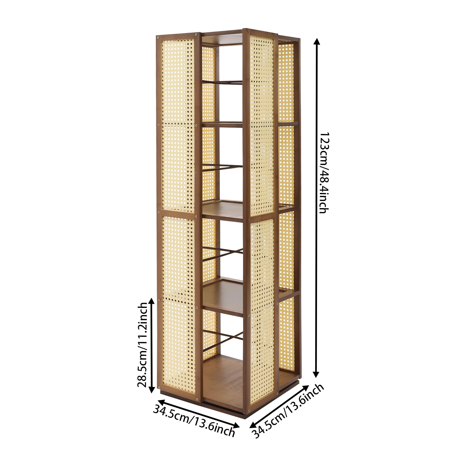 Estantería giratoria de 360° con placas perforadas, diseño de 4 niveles, distancia de 28,5 cm, bambú musgo, torre de libros, estantería giratoria de pie, salón, oficinas (marrón bronceado)