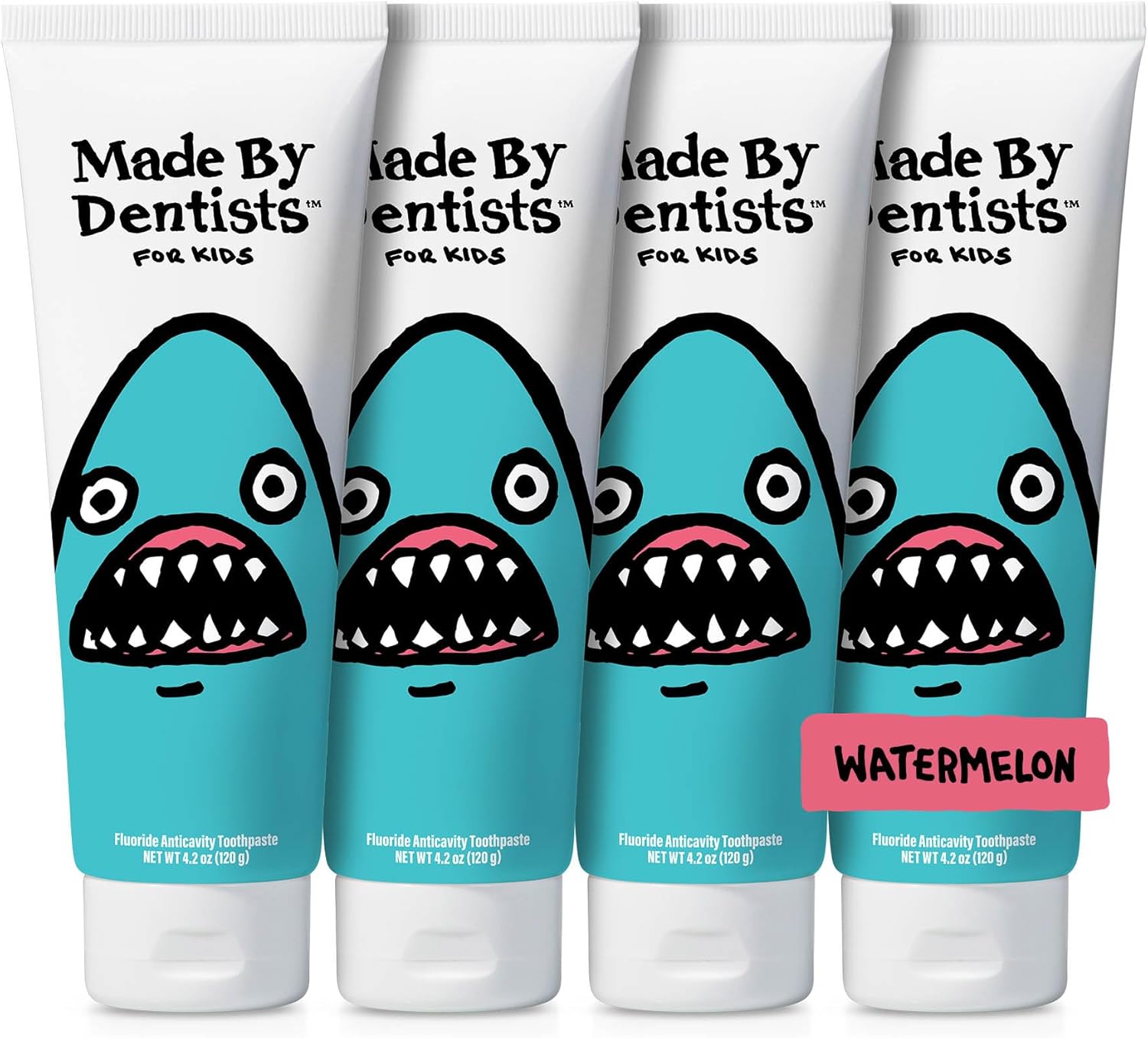 Made by Dentists Kids Fluoride Toothpaste 4-Pack - Anticavity Watermelon Children's Toothpaste, SLS-Free, Enamel Safe, Natural Flavors, Vegan & Cruelty-Free, Toddler & Kids Ages 2+, Shark