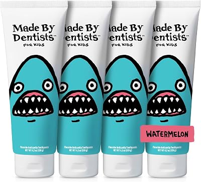 Made by Dentists Kids Fluoride Toothpaste 4-Pack - Anticavity Watermelon Children's Toothpaste, SLS-Free, Enamel Safe, Natural Flavors, Vegan & Cruelty-Free, Toddler & Kids Ages 2+, Shark