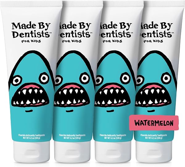 Made by Dentists Kids Fluoride Toothpaste 4-Pack - Anticavity Watermelon Children's Toothpaste, SLS-Free, Enamel Safe, Natural Flavors, Vegan & Cruelty-Free, Toddler & Kids Ages 2+, Shark