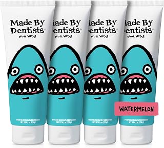 Made by Dentists Kids Fluoride Toothpaste 4-Pack - Anticavity Watermelon Children's Toothpaste, SLS-Free, Enamel Safe, Natural Flavors, Vegan & Cruelty-Free, Toddler & Kids Ages 2+, Shark