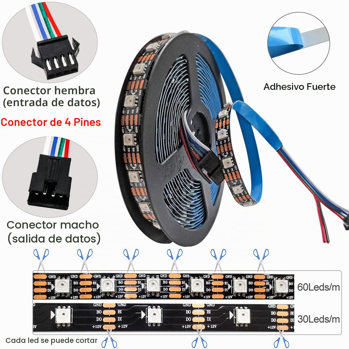 12V WS2815 Tira de luz LED, 5m RGB Señal Dual LED Píxeles Strip 300 LEDs IP30 Tiras LED Programable Direccionable Individualmente a Todo Color para DIY, Decoración Publicitaria