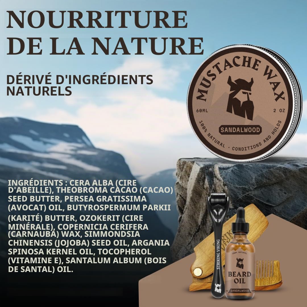 Striking Viking Kit de cire à moustache et peigne - Cire à barbe et moustache pour hommes avec cire d'abeille naturelle à forte tenue - aide à dompter, à coiffer et à toiletter, 2 onces (Santal)