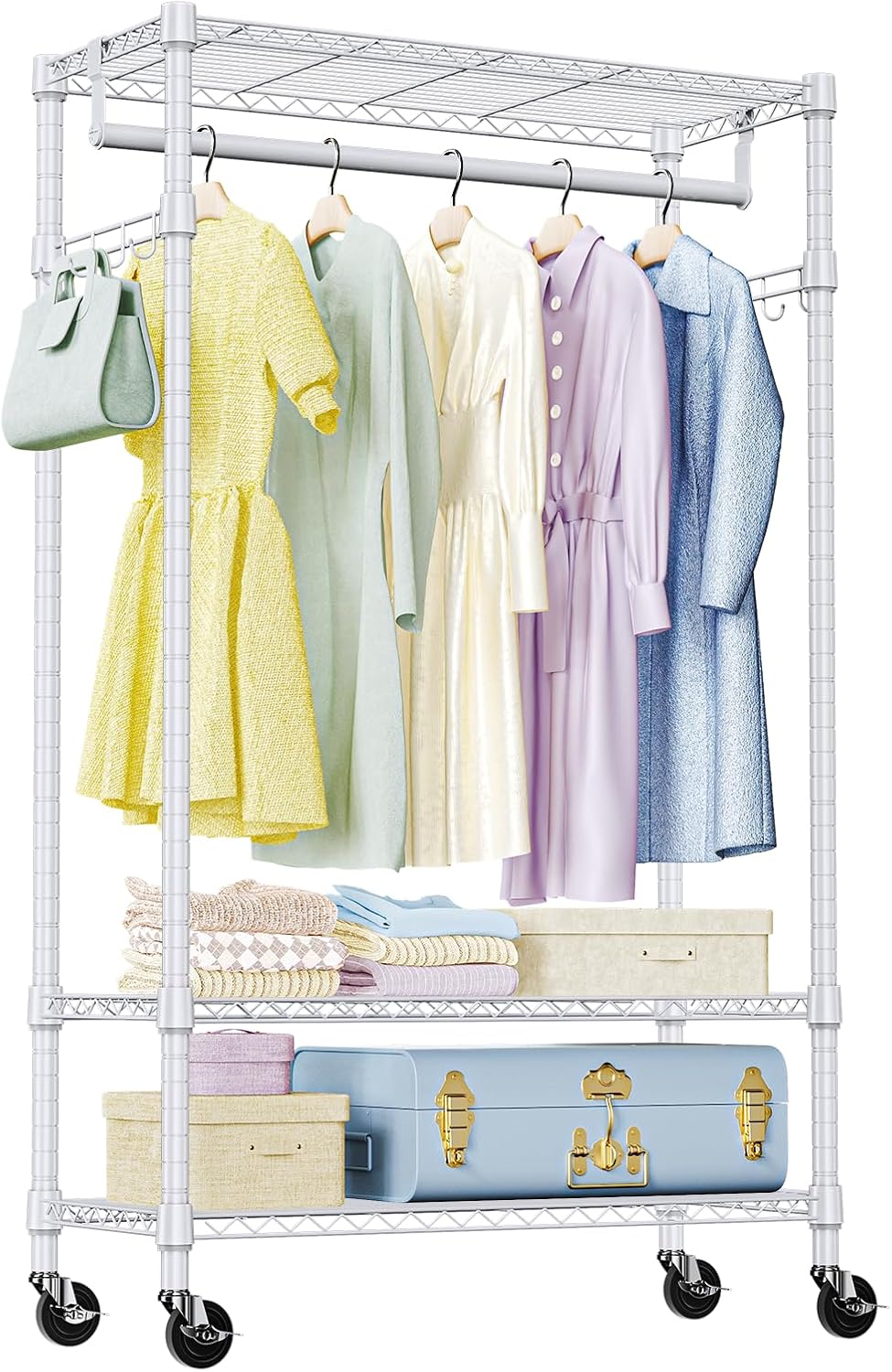 IZEUK Heavy Duty Rolling Garment Rack with 3 Adjustable Wire Shelves, Hanging Rod & Side Hooks - Mobile Clothes Rack with Wheels, 29.5" W x 15.7" D x 75" H, White White 3 Tier with 2 Rod, 29.5" W x 15.7" D x 75" H