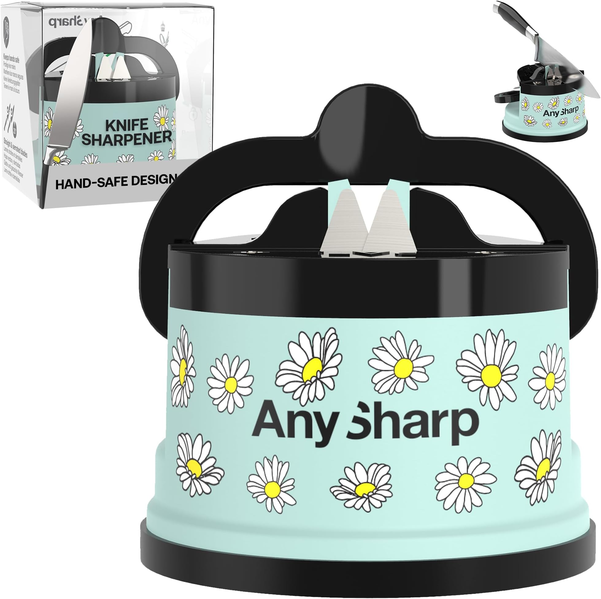 Editions – Hands Free Knife Sharpener - Easy to Use Sharpening Tool with PowerGrip Suction Base and 20-Degree Pre-Set Angle - for All Knives: Chef's, Serrated, and Hardened Steel - Daisy