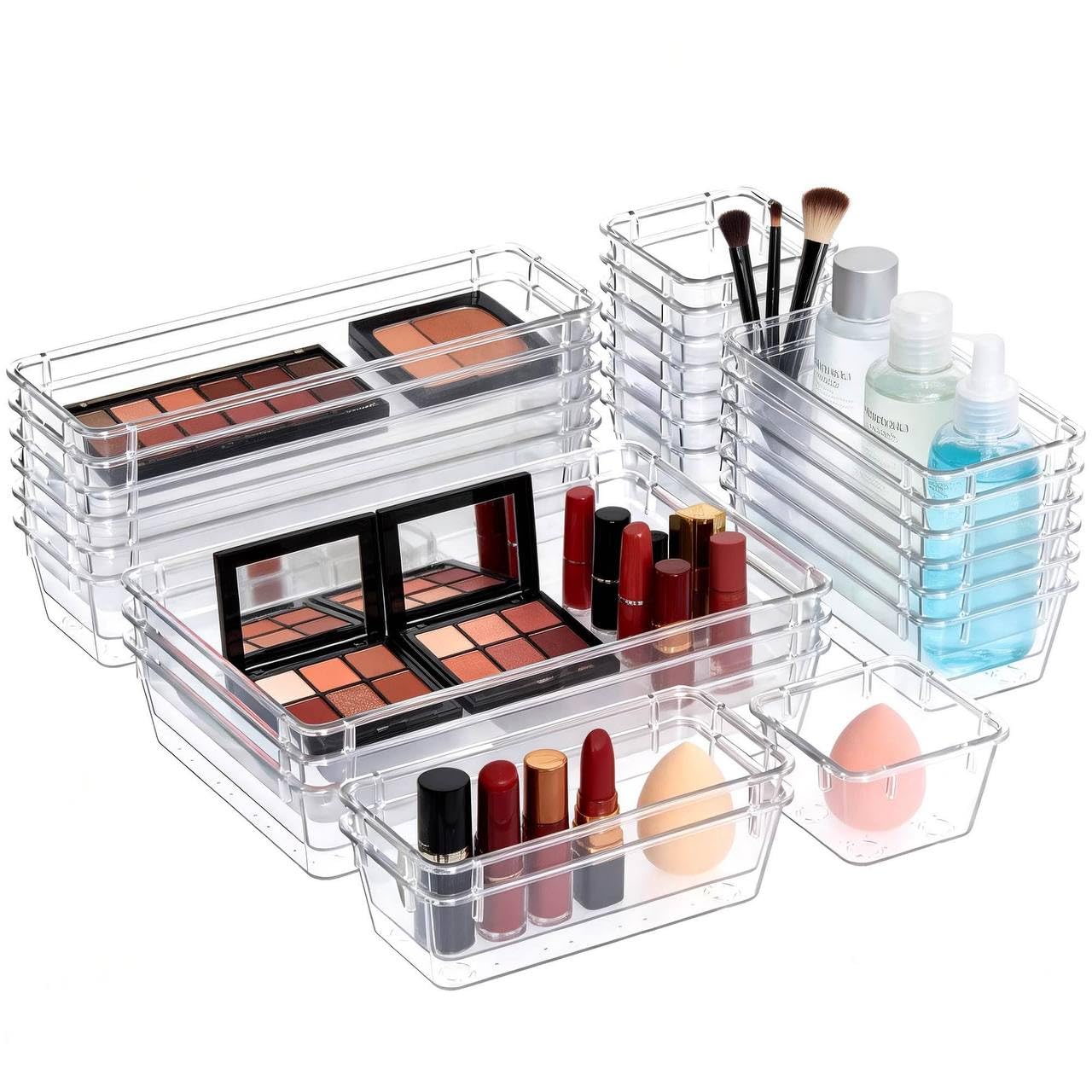 Vencier 25-Piece Crystal Clear Drawer Organizer Set – Versatile Desktop & Vanity Storage Bins – 4 Sizes of Durable Plastic Dividers for Makeup, Office Supplies, Jewelry, and Bathroom Essentials