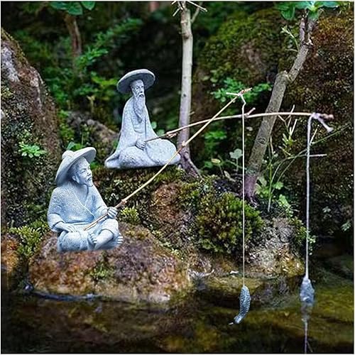 livelyfish 2 figuras de pesca sentadas de piedra arenisca japonesa asiática, mini estatua de pescador, adorno vintage para pecera, jardín, hogar,