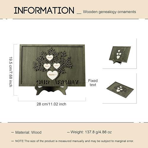 Vista 23 de Árbol genealógico con etiqueta de corazón, placas de madera grabadas personalizadas, regalos personalizados para madres, padres, escritorio, nombres