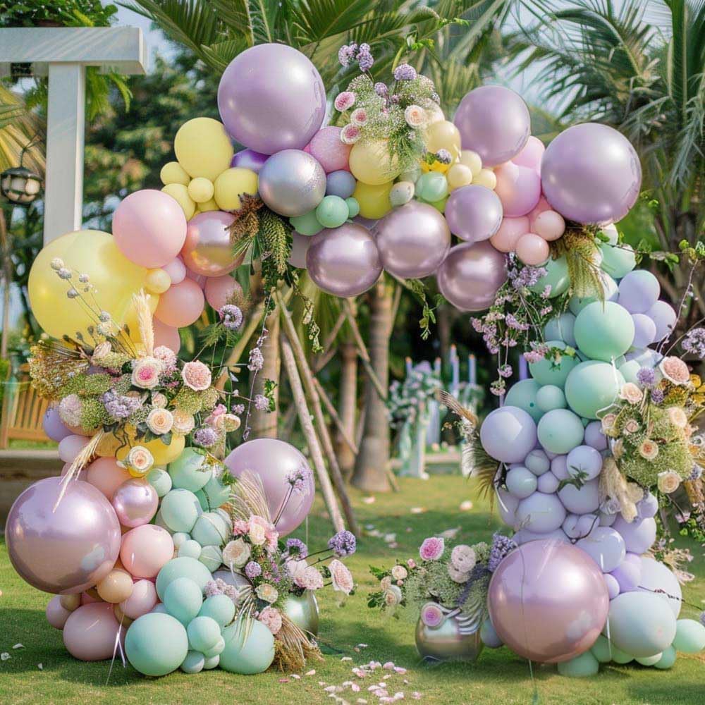 Pastel Balloon Garland Arch Kit Double Stuffed, Baby Pink Purple Yellow Green Balloons with Metallic Lilac Latex for Baby Shower Princess Birthday Spring Easter Flower Fairy Party Decoration