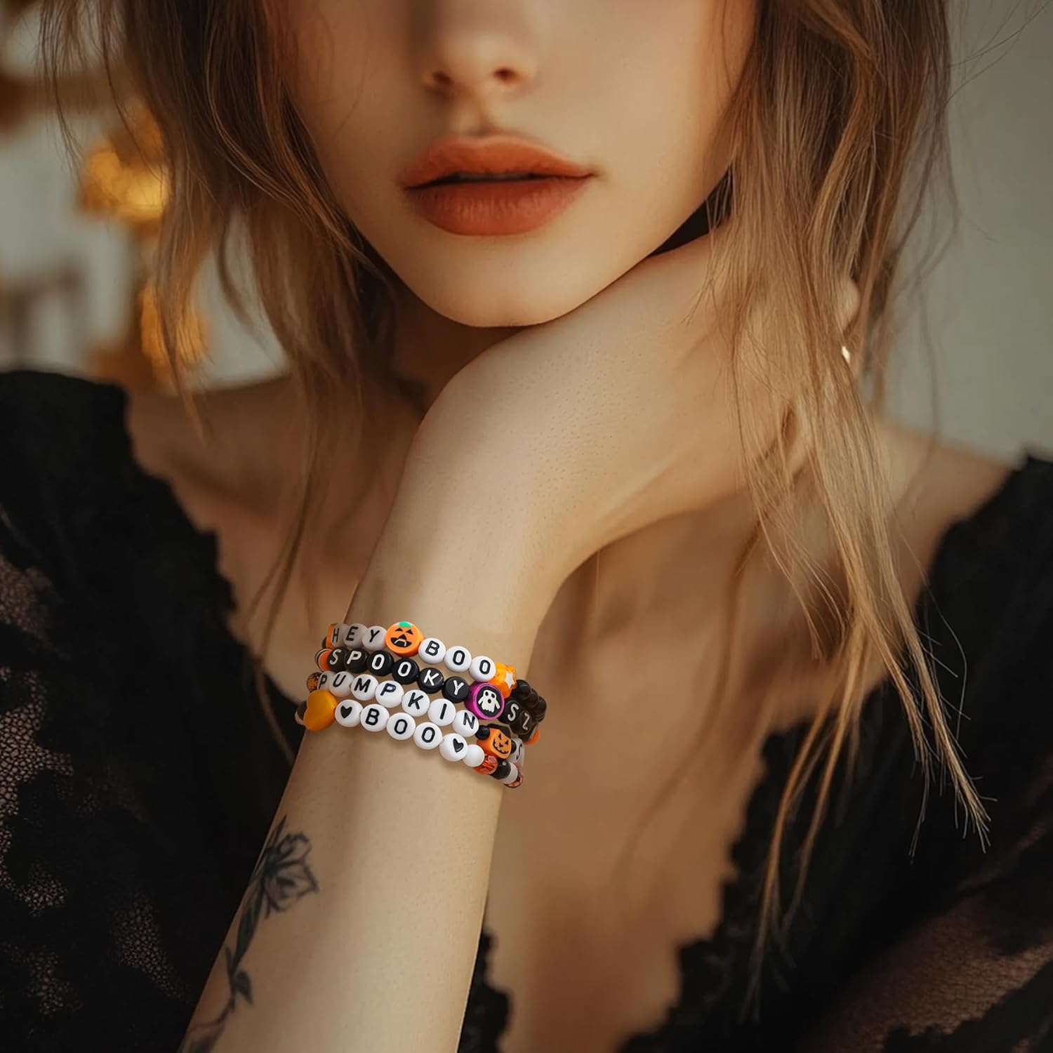 Halloween Stack Bracelets Set for Women, Gothic Skull Skeleton Beaded Stackable Stretch Bracelets Holiday Accessories Jewelry Gifts. - Image 2