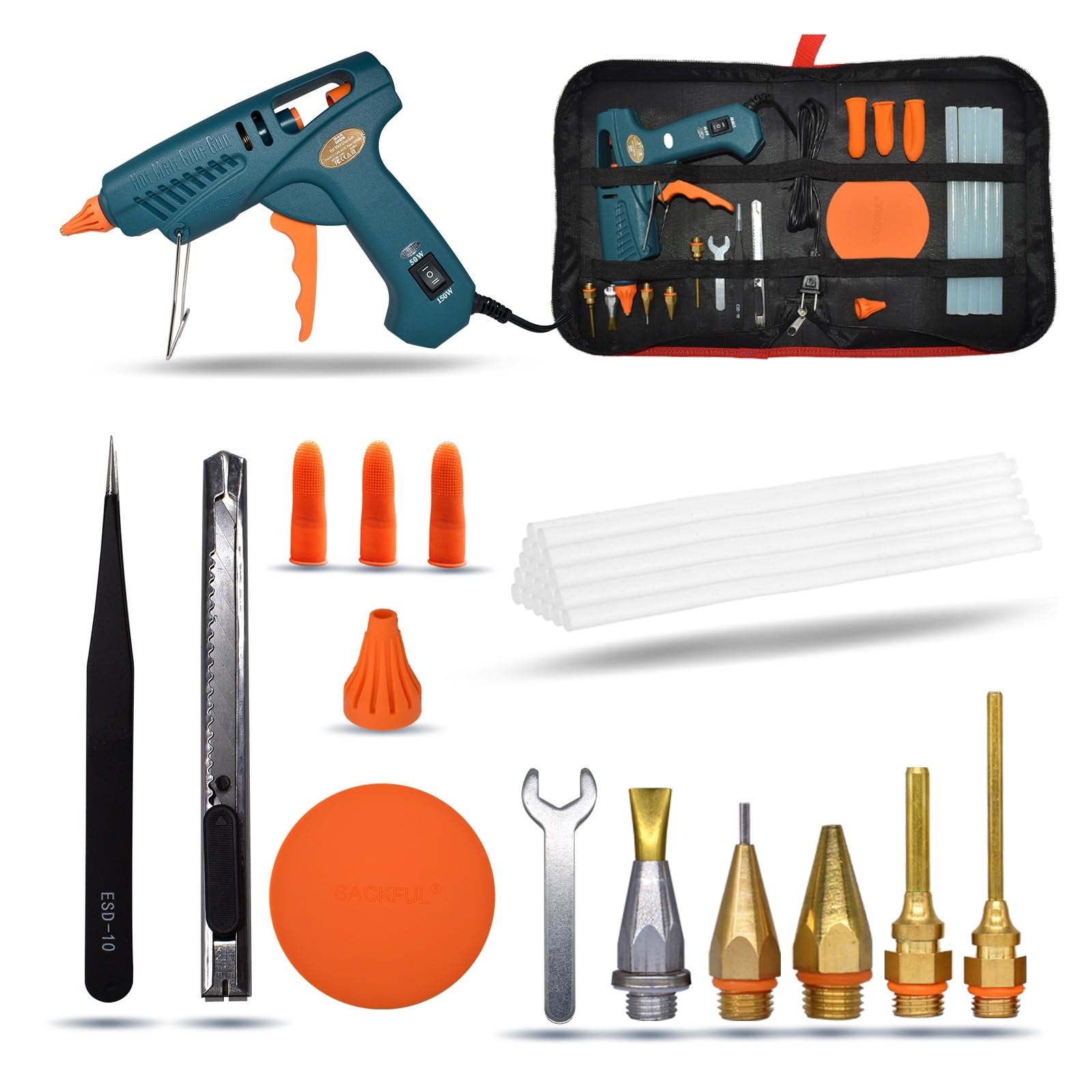 Pistola de pegamento de fusión en caliente KIT de herramientas 15 en 1 pistola de silicona interruptor de 50W/OFF/150W for reparación de manualidades uso DIY barra de pegamento de 11mm boquilla de cob