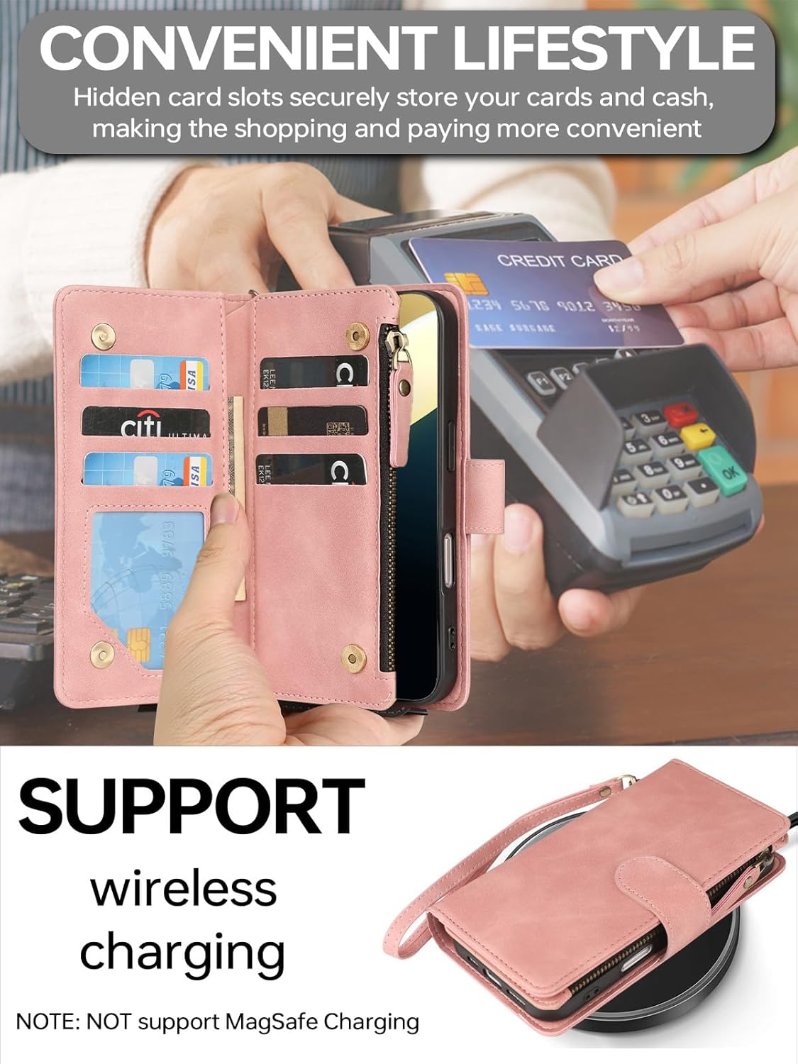 RANYOK Wallet Case Compatible with iPhone 17 Pro Max Case, with 6 Card Holder RFID Blocking, PU Leather Zipper Flip Wallet Pocket, Kickstand, Wrist Strap | Protective Phone Cover, Pink - Image 4