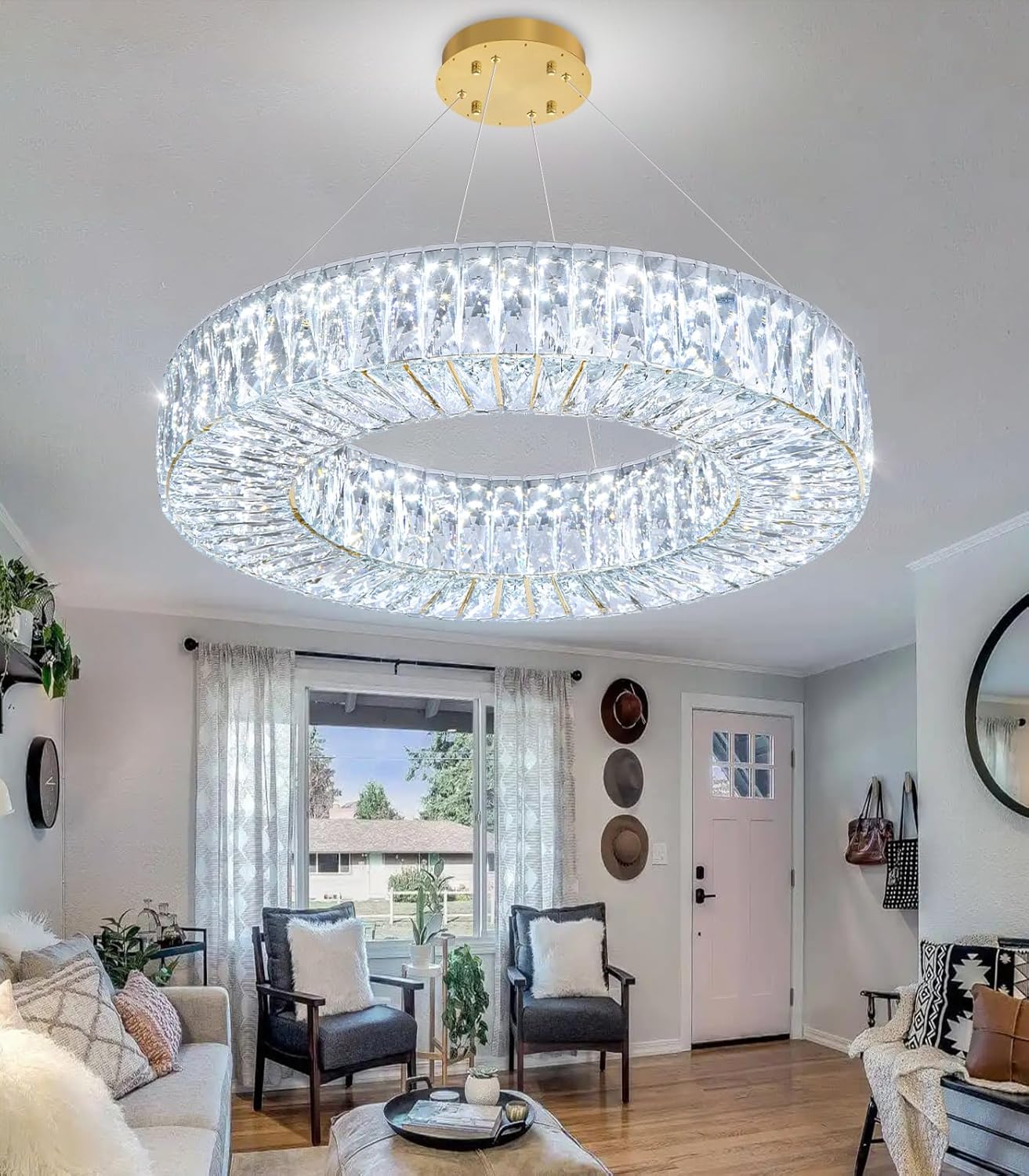 24 Inch LED Chandeliers for Dining Room Modern Crystal Ceiling Chandelier Hanging Lighting Fixtures for Living Room Bedroom Hallway LED Dimmable Lights Interior Rooms Light Gold