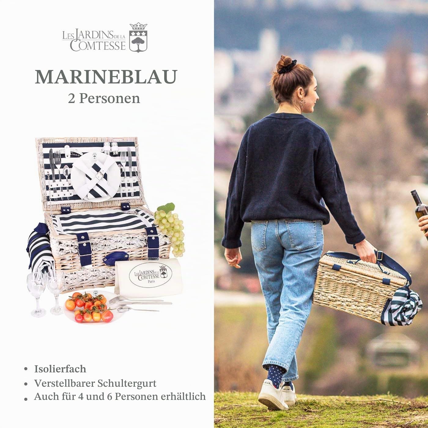 Les Jardins de la Comtesse - Picknickkorb Marine - Komplett/2 Personen - Kühlfach - Keramikteller und Weingläsern/Einer Wasserdichten Tischdecke - Gestreifter Stoff blau und weiß - 40 x 28 x 23 cm