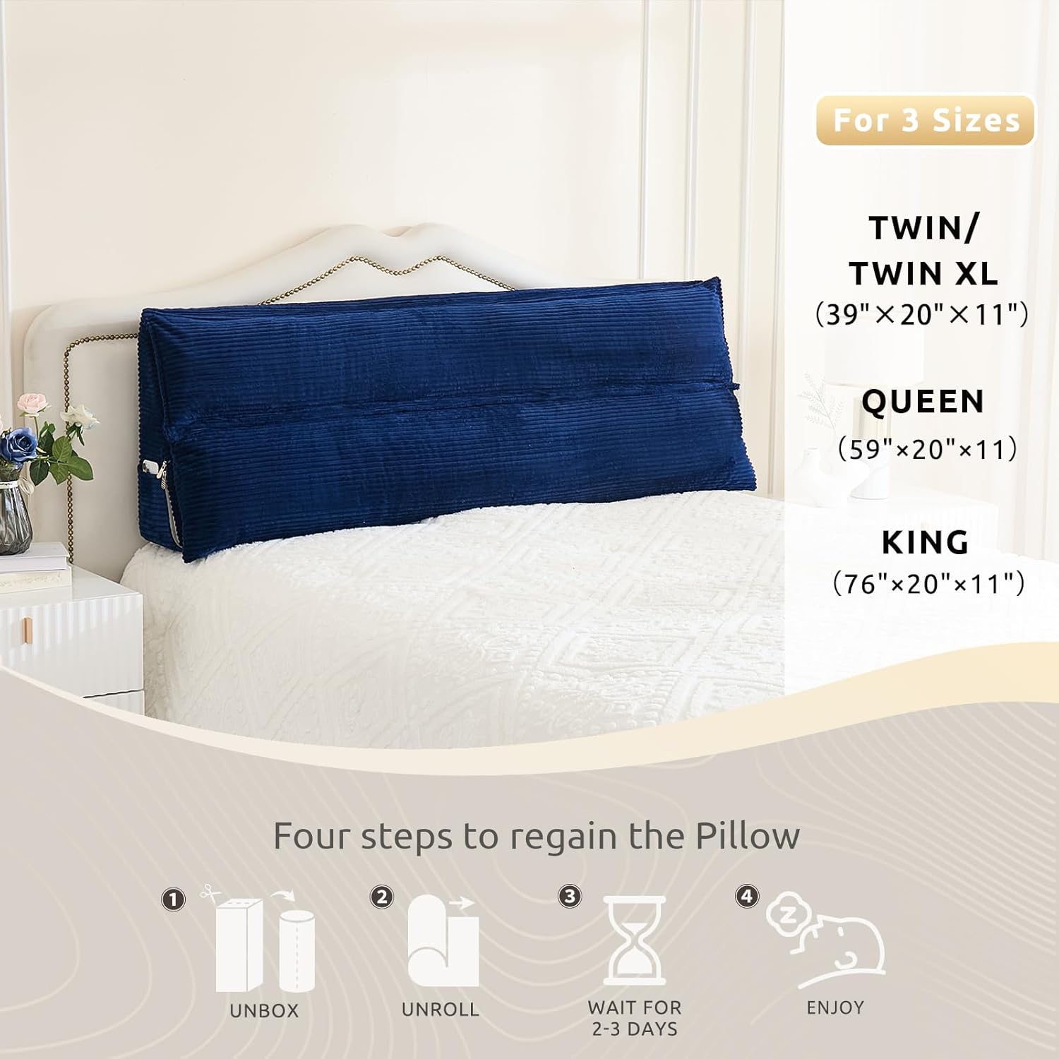 Wedge Pillow Headboard, Headboard Pillow King for Reading or Sitting, Bolster Pillow with Large Memory Foam, Removable Cover, Navy Blue