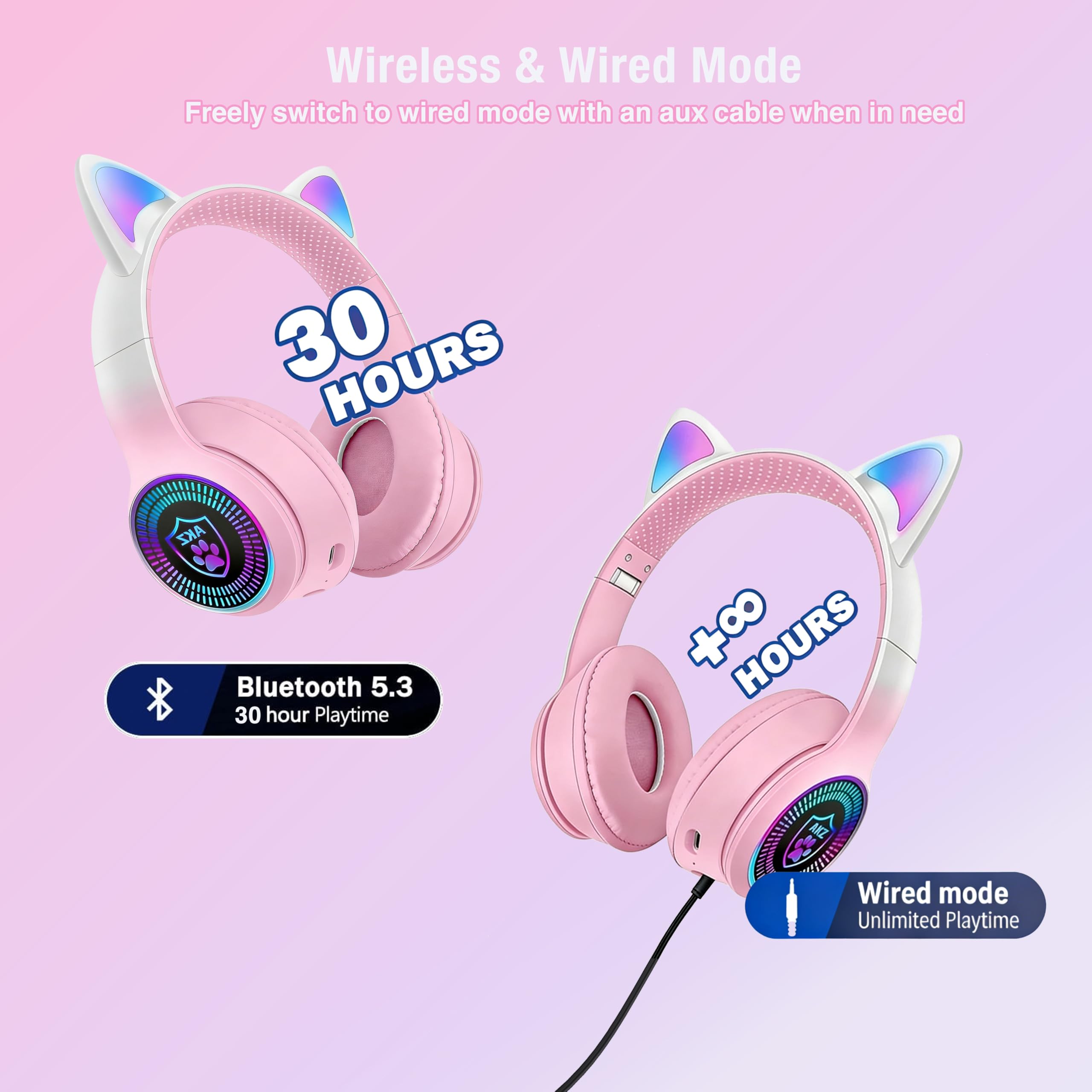 Cat Ear Gaming Bluetooth 5.2 Kabellose Faltbare Kopfhörer mit LED-Licht, Stereo-Spiel Surround Sound Over-Ear Headsets mit Mikrofon AUX für PC, Pad, Handy, Laptop, Spiel, Kinder, Geschenk