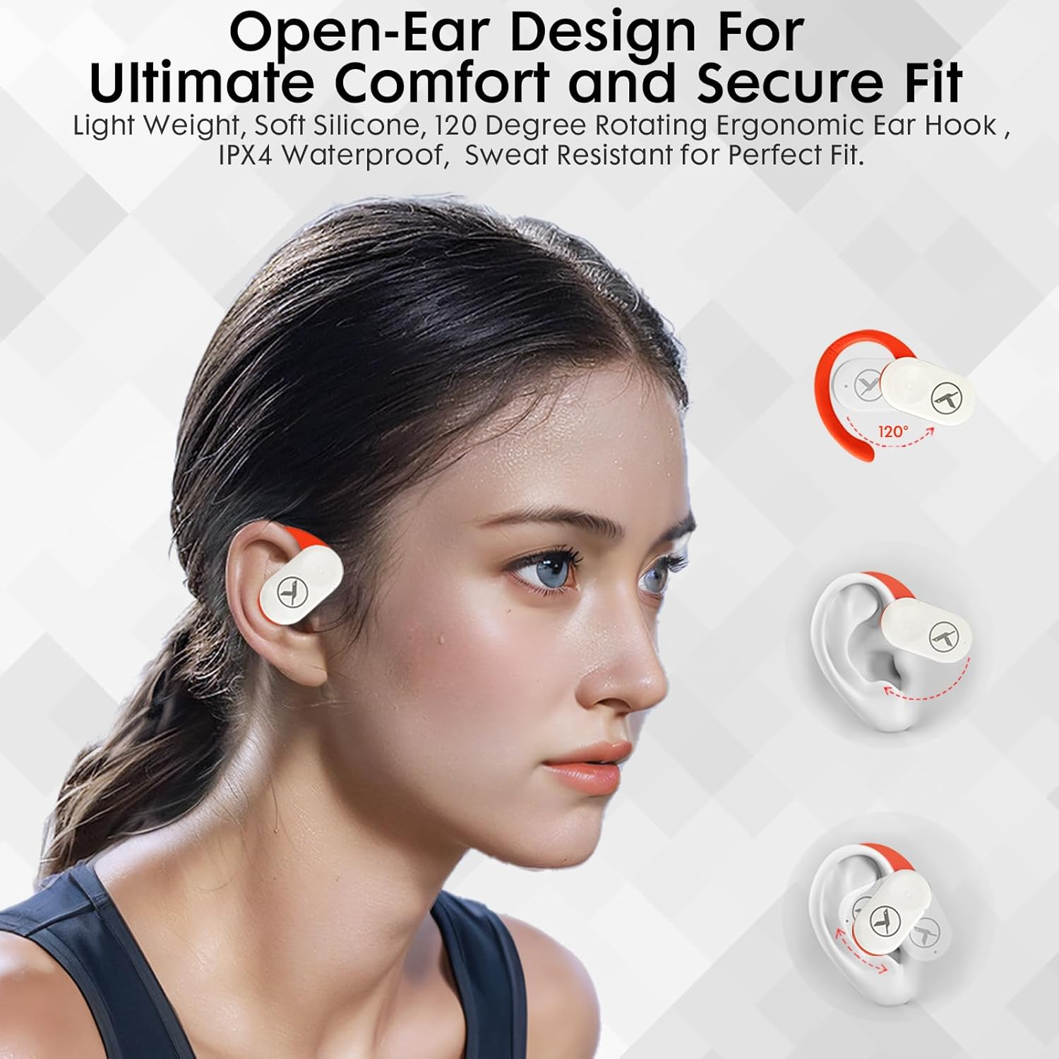 Diagram showing how to wear open-ear earbuds with adjustable ear hook