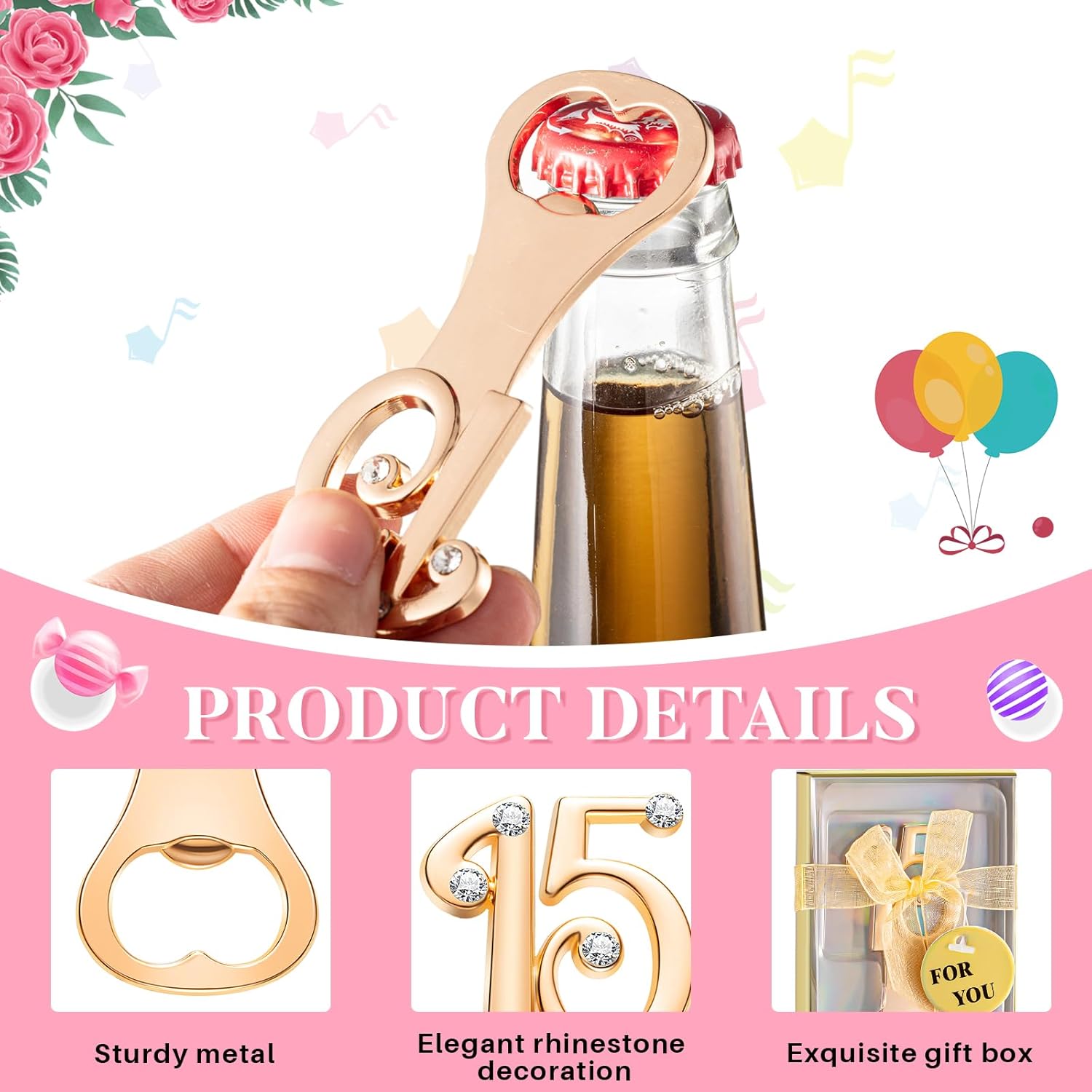 Uiifan 50 Pcs Bottle Openers for 15th Birthday Party Favors Quinceanera Wedding Gifts Decorations or Souvenirs with Gift Boxes Golden Anniversary Party Favors for Guests with Rhinestones