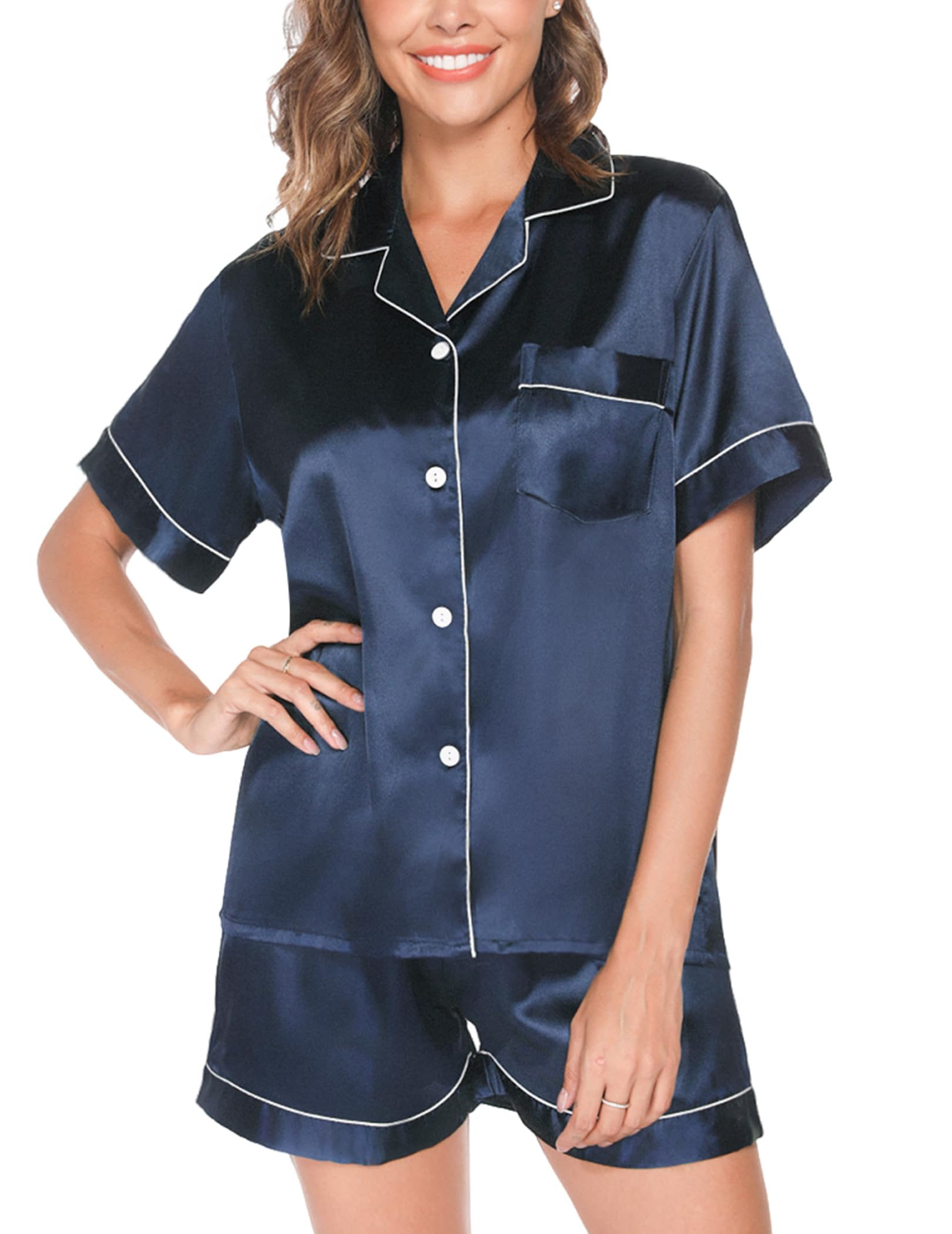 Reliwel Women's Navy Blue Silk Pyjamas For Satin Pjs Set Two Piece Bride To Be Pyjamas Button Down Sleepwear Loungewear Xxl